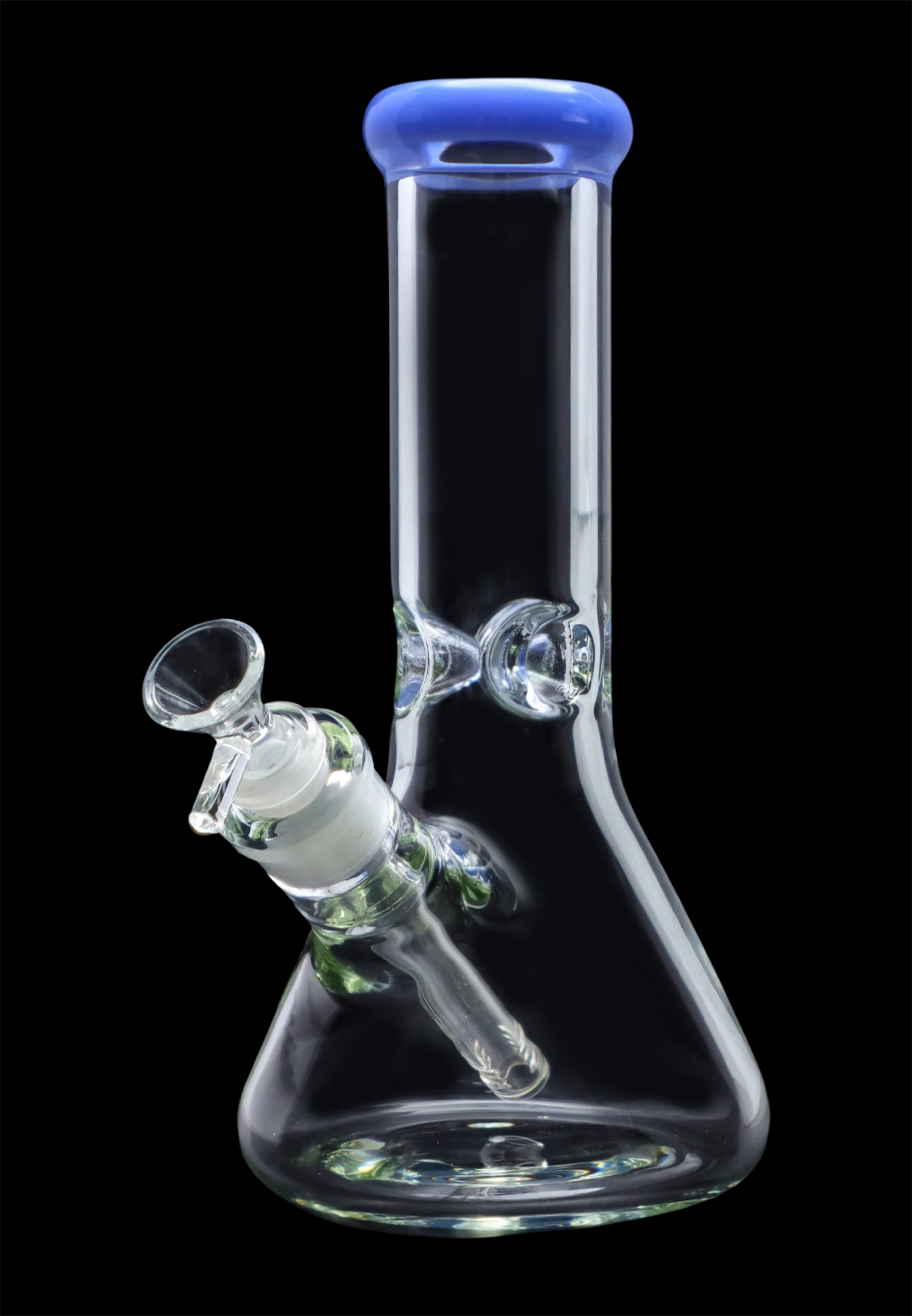 A front view of the 10-inch Smoke Cartel Beaker water pipe with a blue mouthpiece and ice pinch, set against a black background.