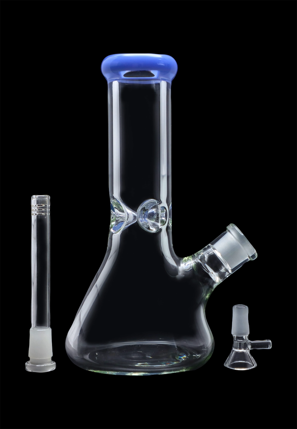 Glass bong with detachable downstem and bowl, isolated on a black background.