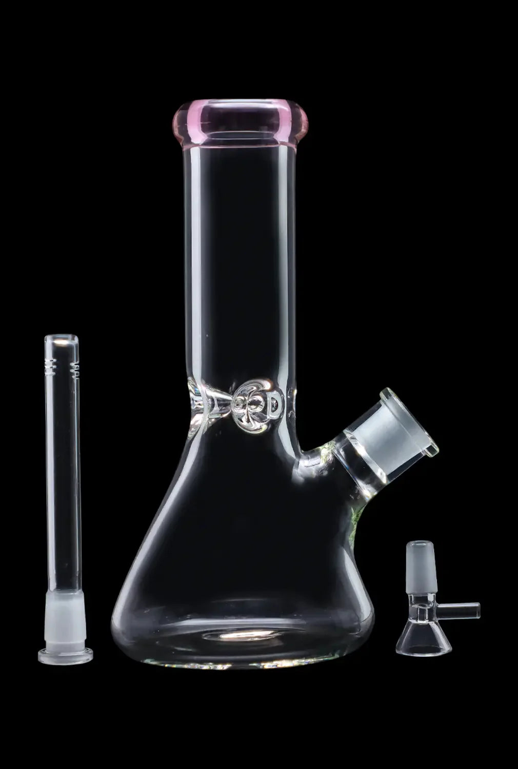 A three-quarter view of the 10-inch Smoke Cartel Beaker water pipe, featuring a colored mouthpiece and ice pinch, against a black background.