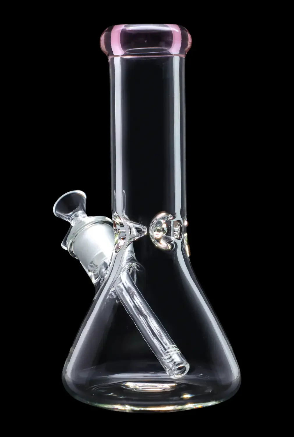 A front view of the 10-inch Smoke Cartel Beaker water pipe with a colorful mouthpiece, set against a dark backdrop.