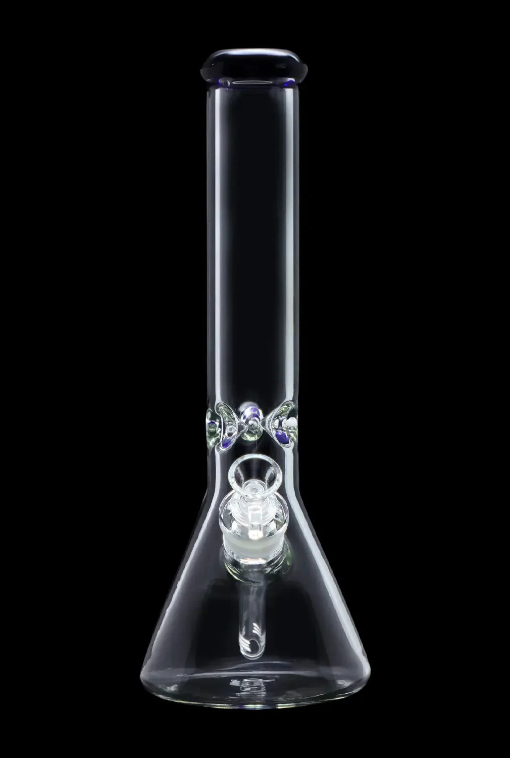 Clear glass bong with blue accents, studio shot on black background.