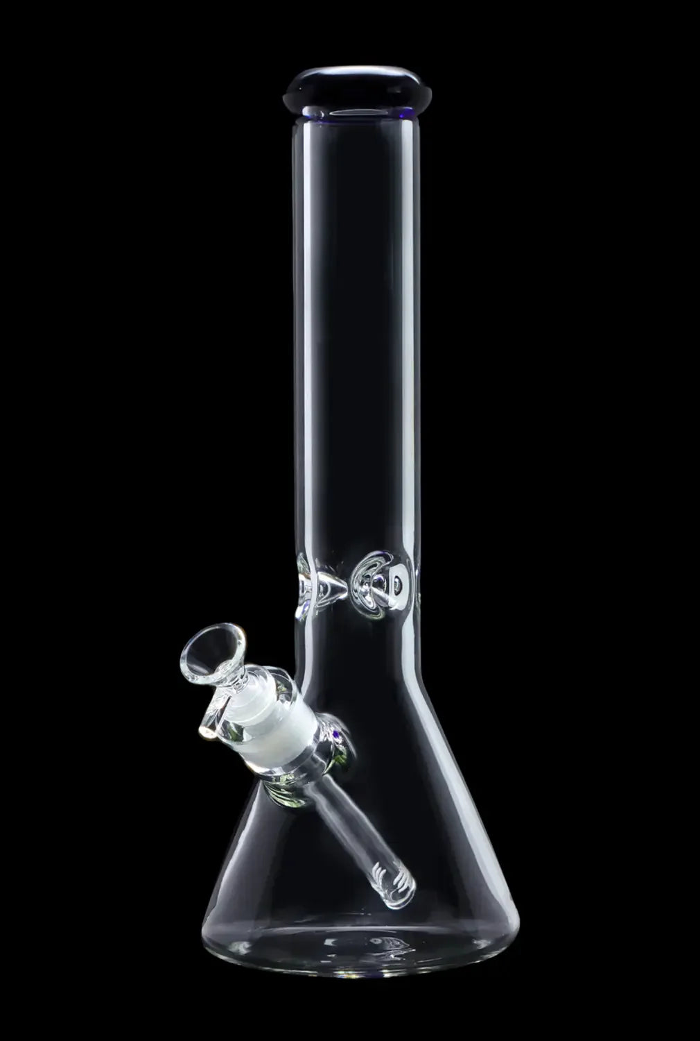 Clear glass bong with intricate percolator, isolated on black.