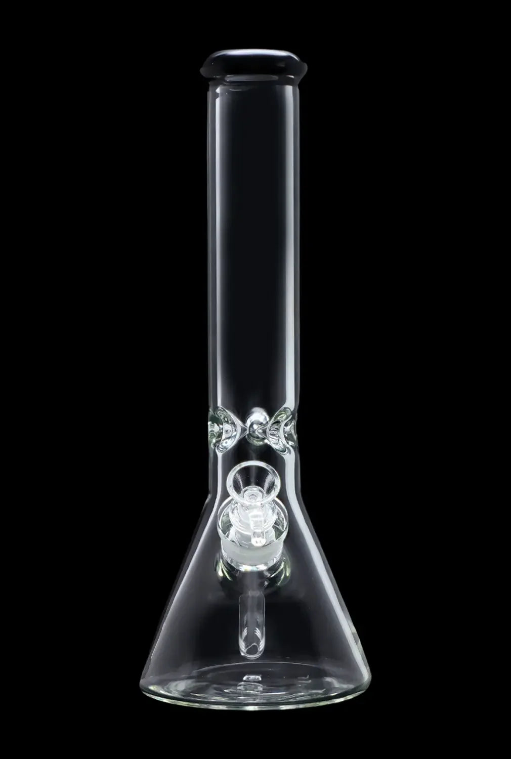 Clear glass bong with intricate percolator against a black background.