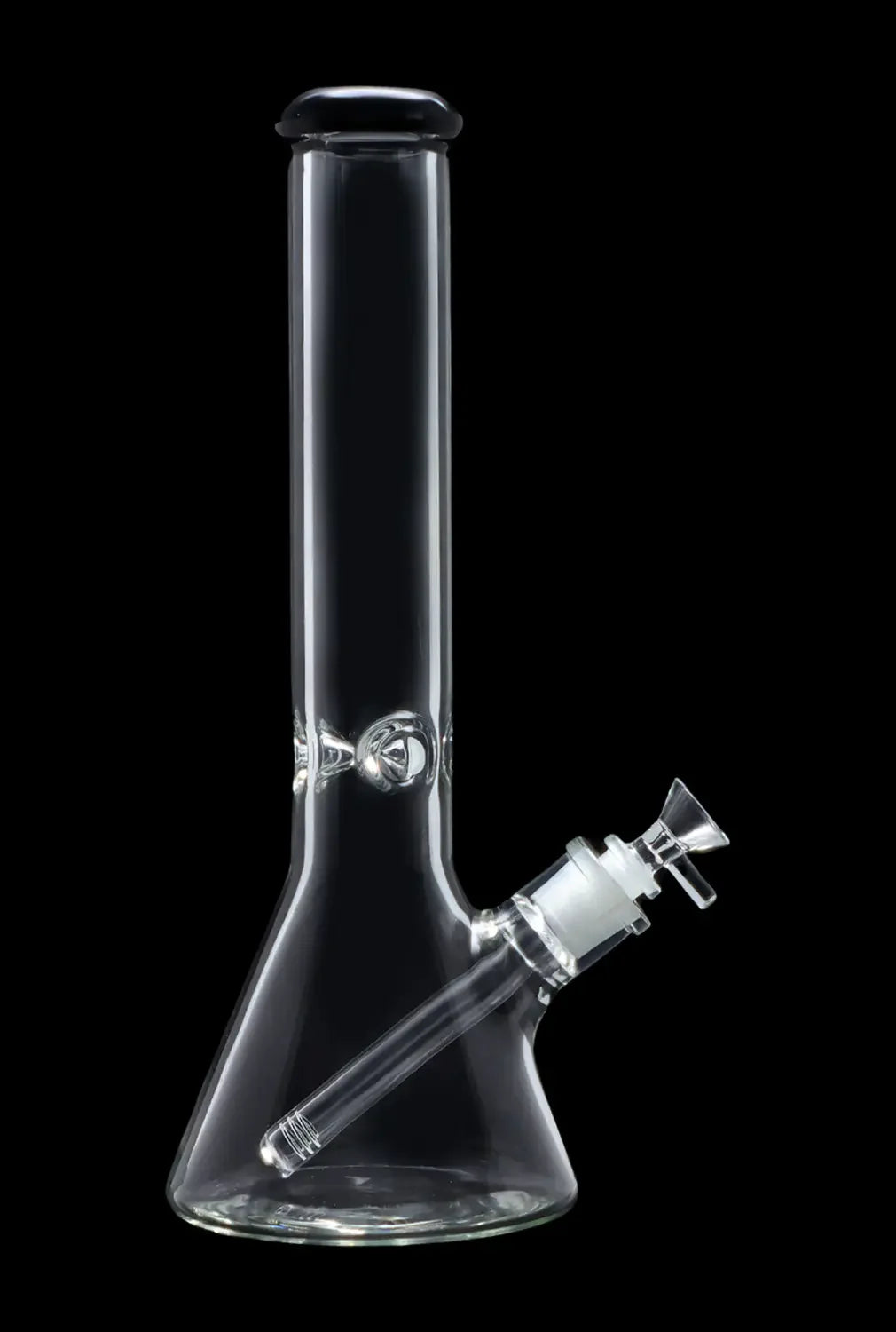 Clear glass bong with ice catcher, isolated on black.