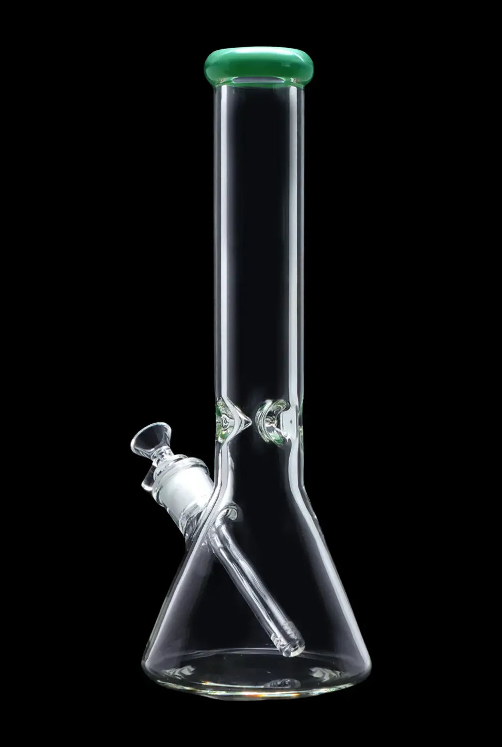 Clear glass bong with green accents and cannabis leaf detailing, isolated on a black background.