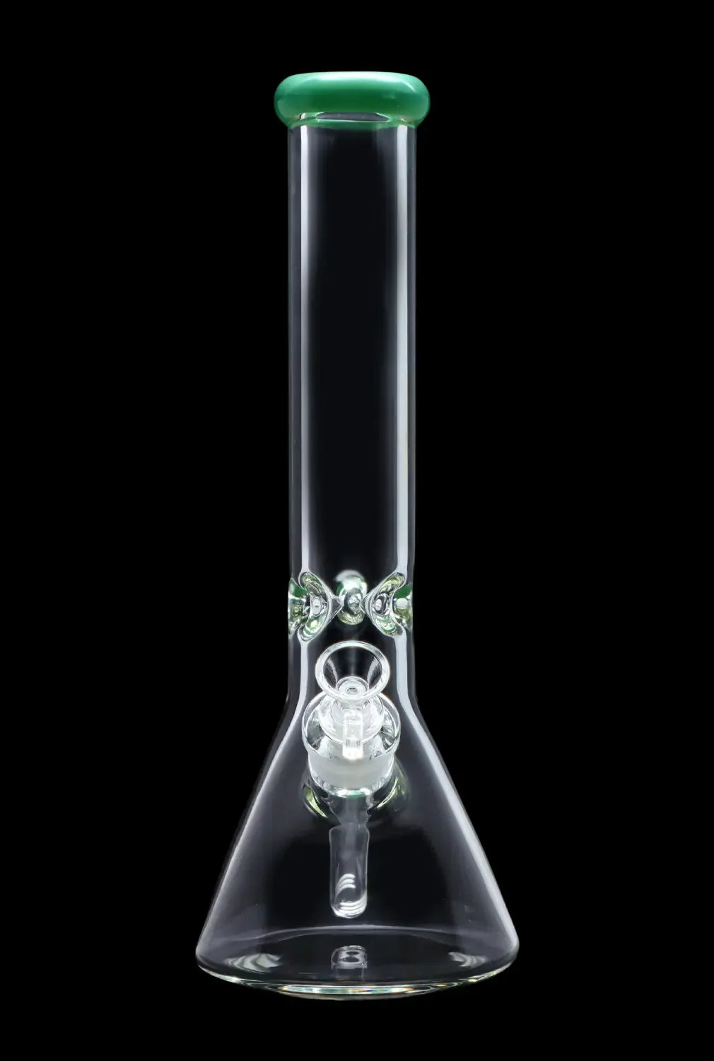 Clear glass beaker bong with green accents and percolators, isolated on a black background.