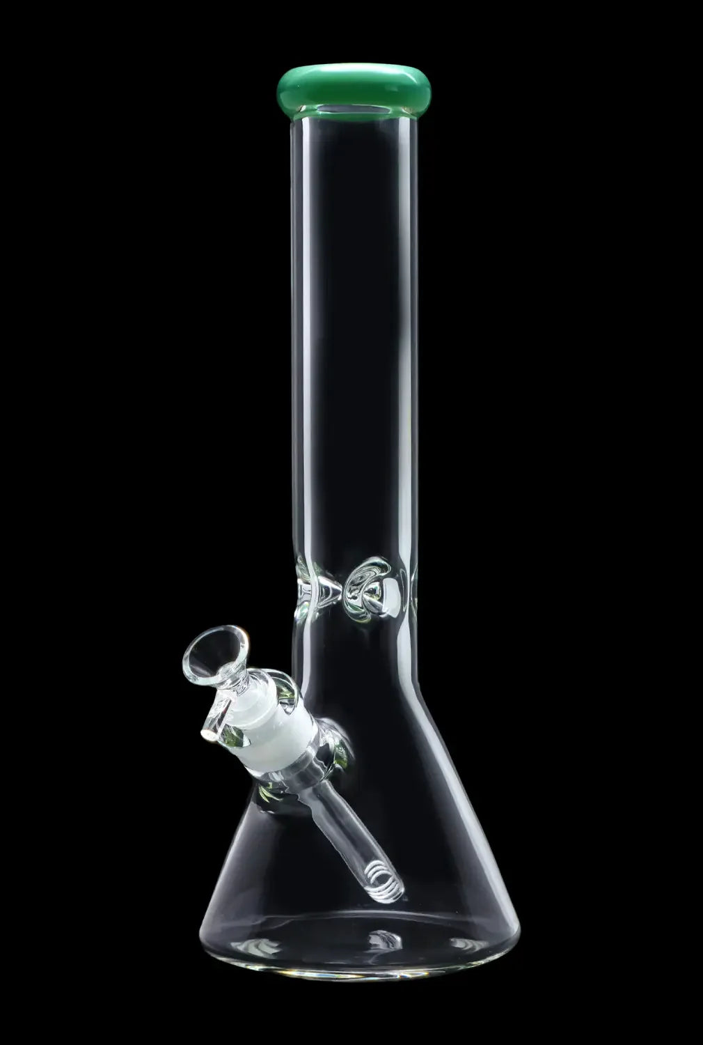 Clear glass bong with a green mouthpiece against a black background.