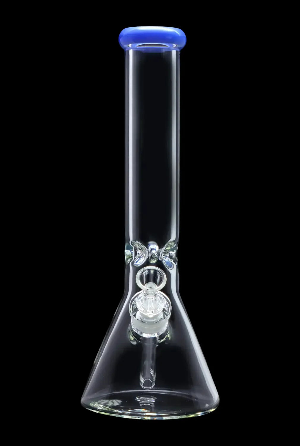 Clear glass bong with blue mouthpiece against a black background.