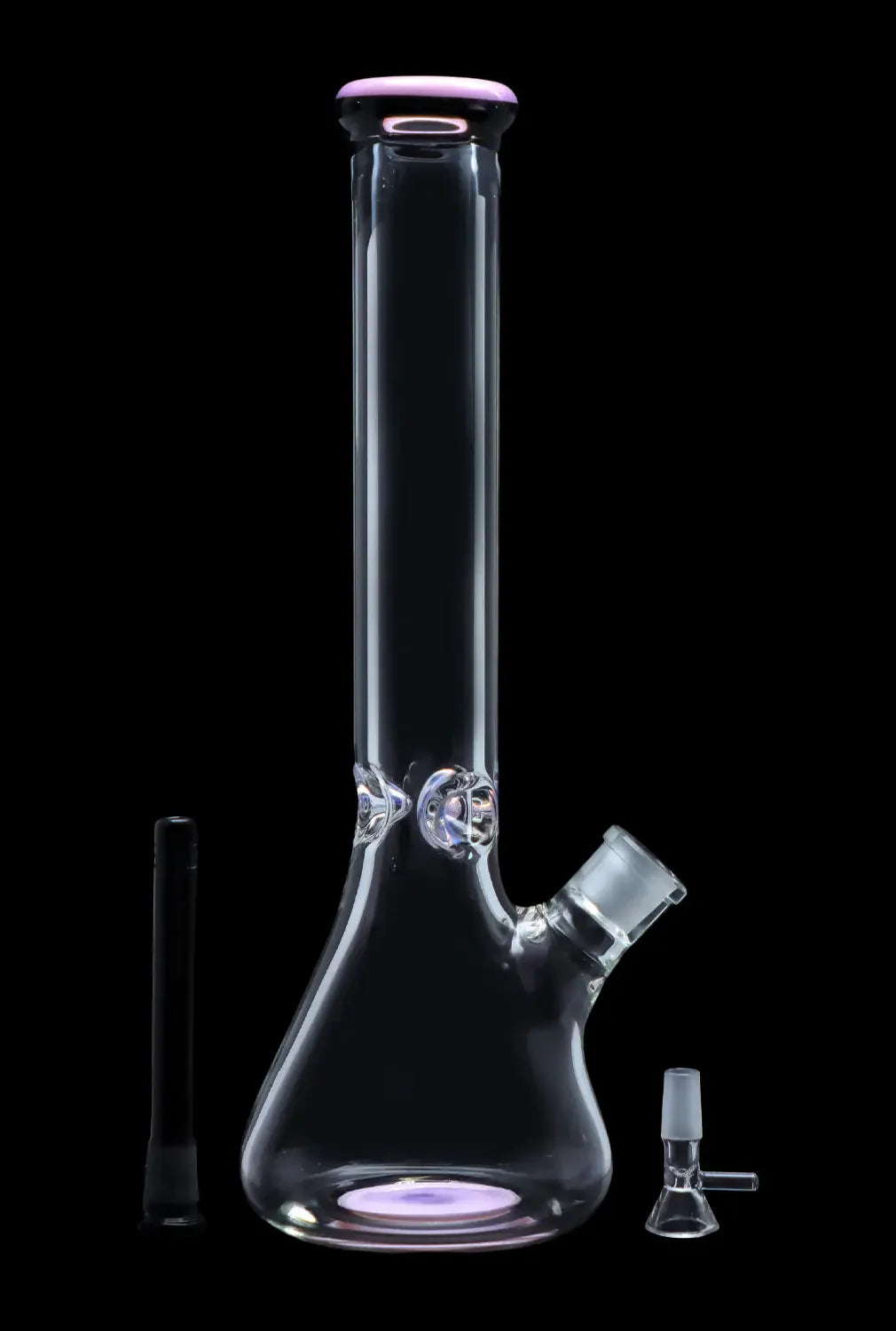 Glass bong with purple accents, downstem, and glass bowl, isolated on a black background.