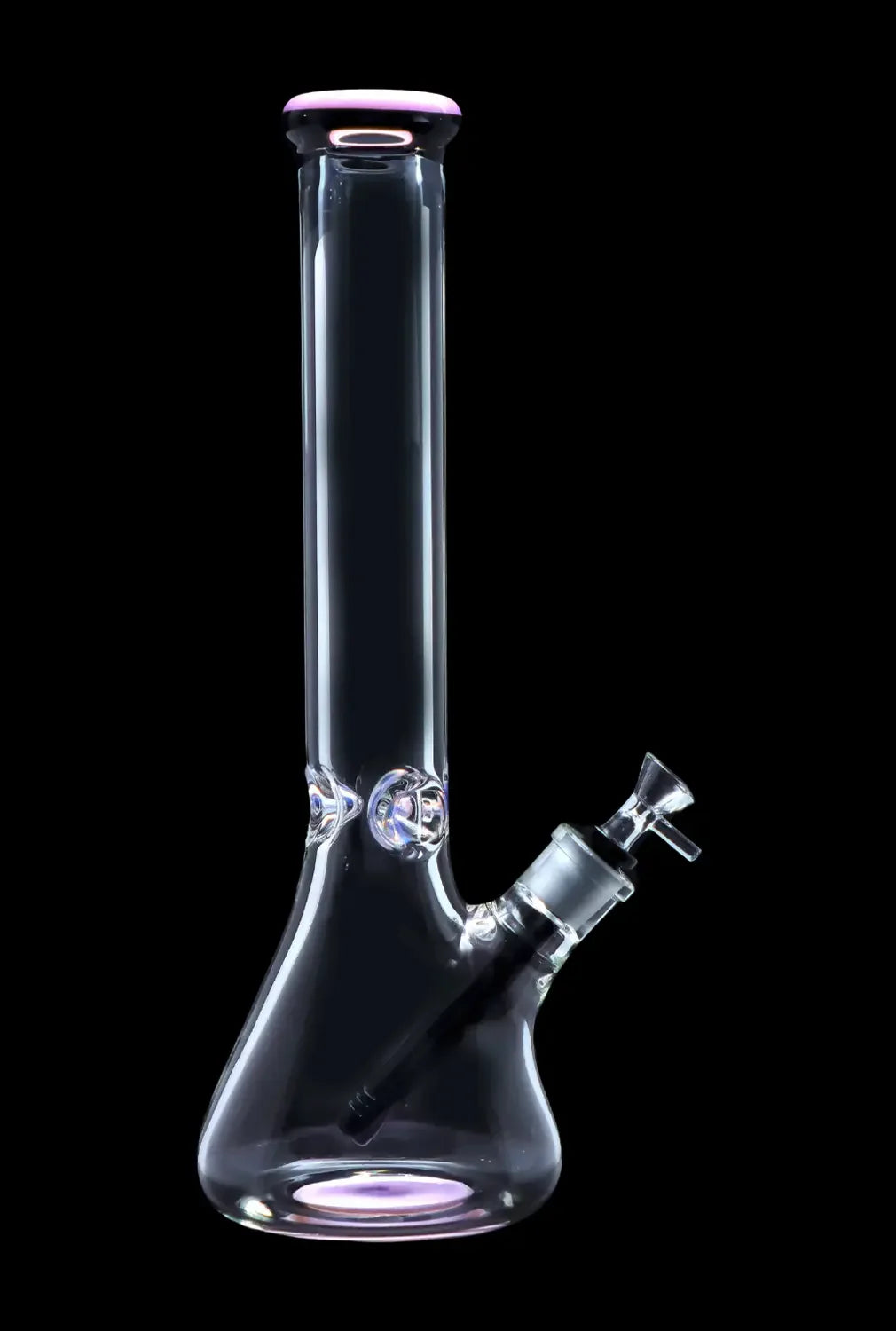 Clear glass bong with purple accents, isolated on a black background.