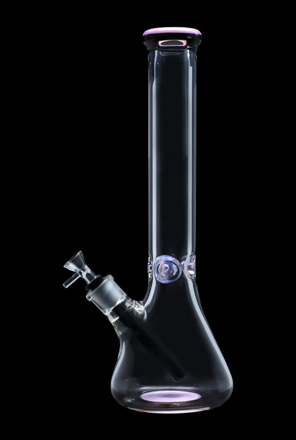 Clear glass water pipe (bong) with iridescent purple accents, isolated on a black background.