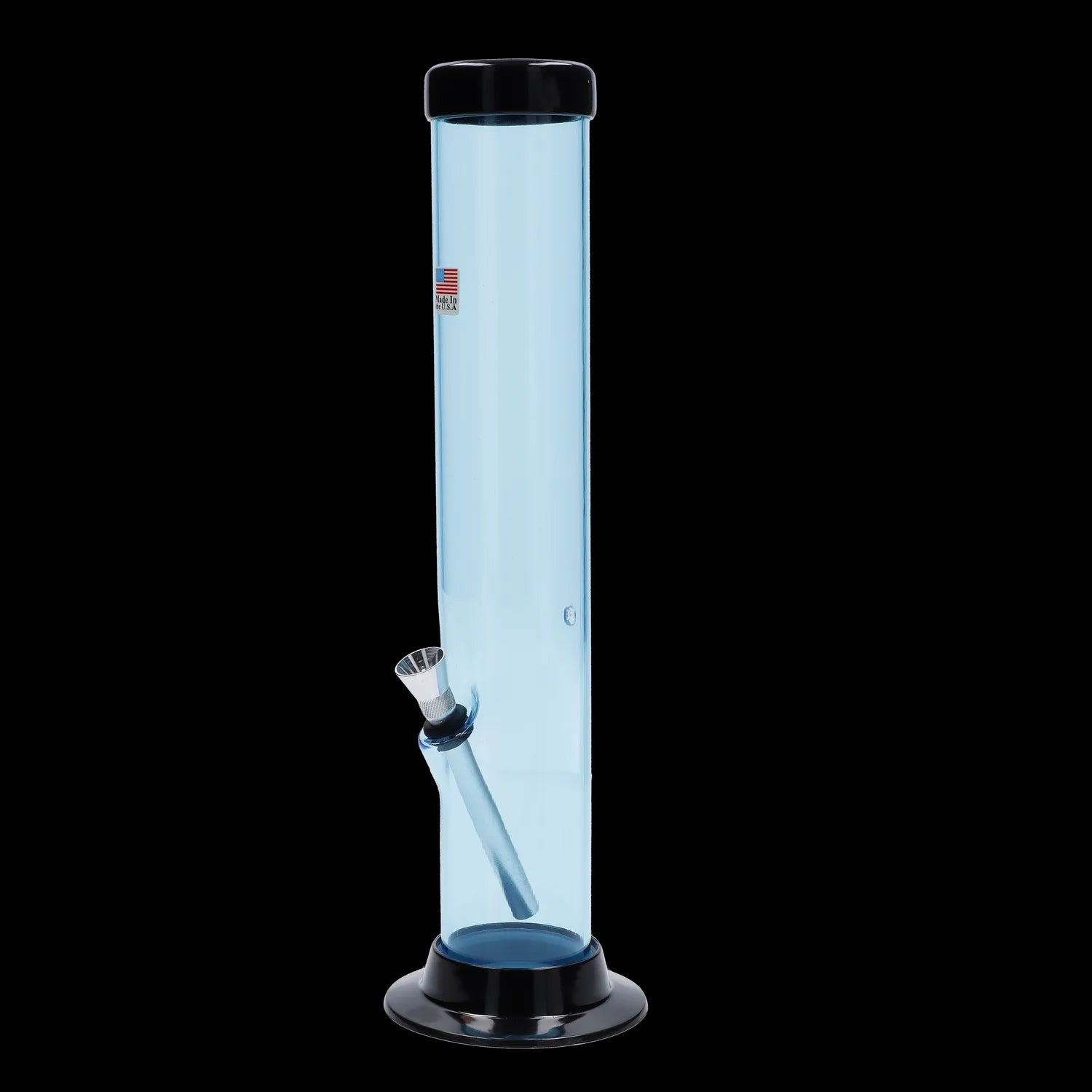 Blue glass water pipe with black accents.