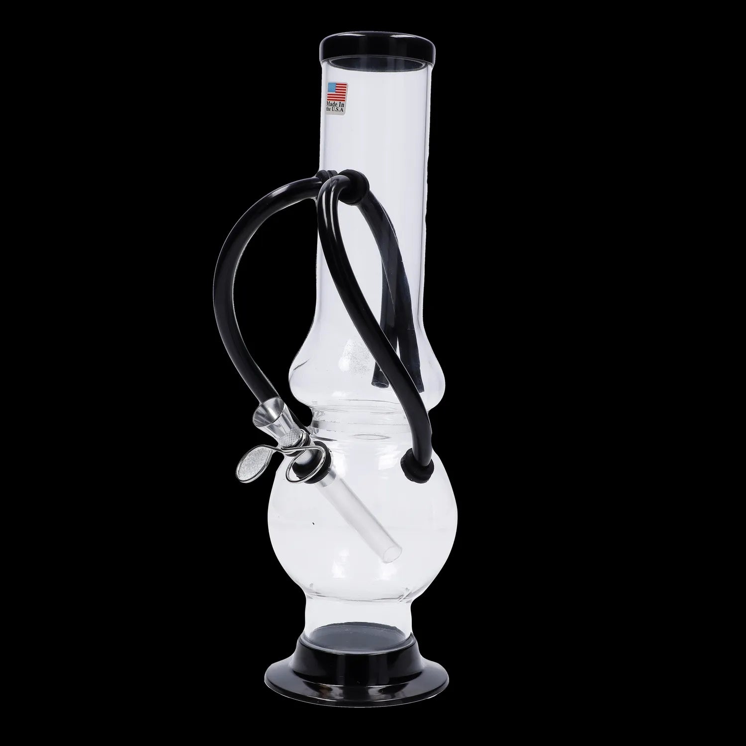 Clear glass bong with black accents and a water filtration system, isolated on a black background.