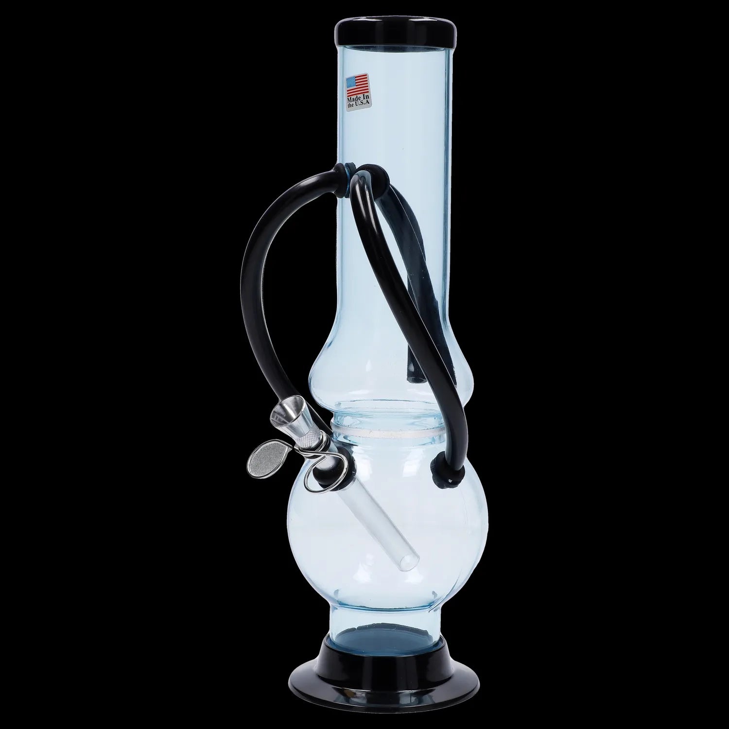 Glass water pipe with black accents, used for smoking cannabis.