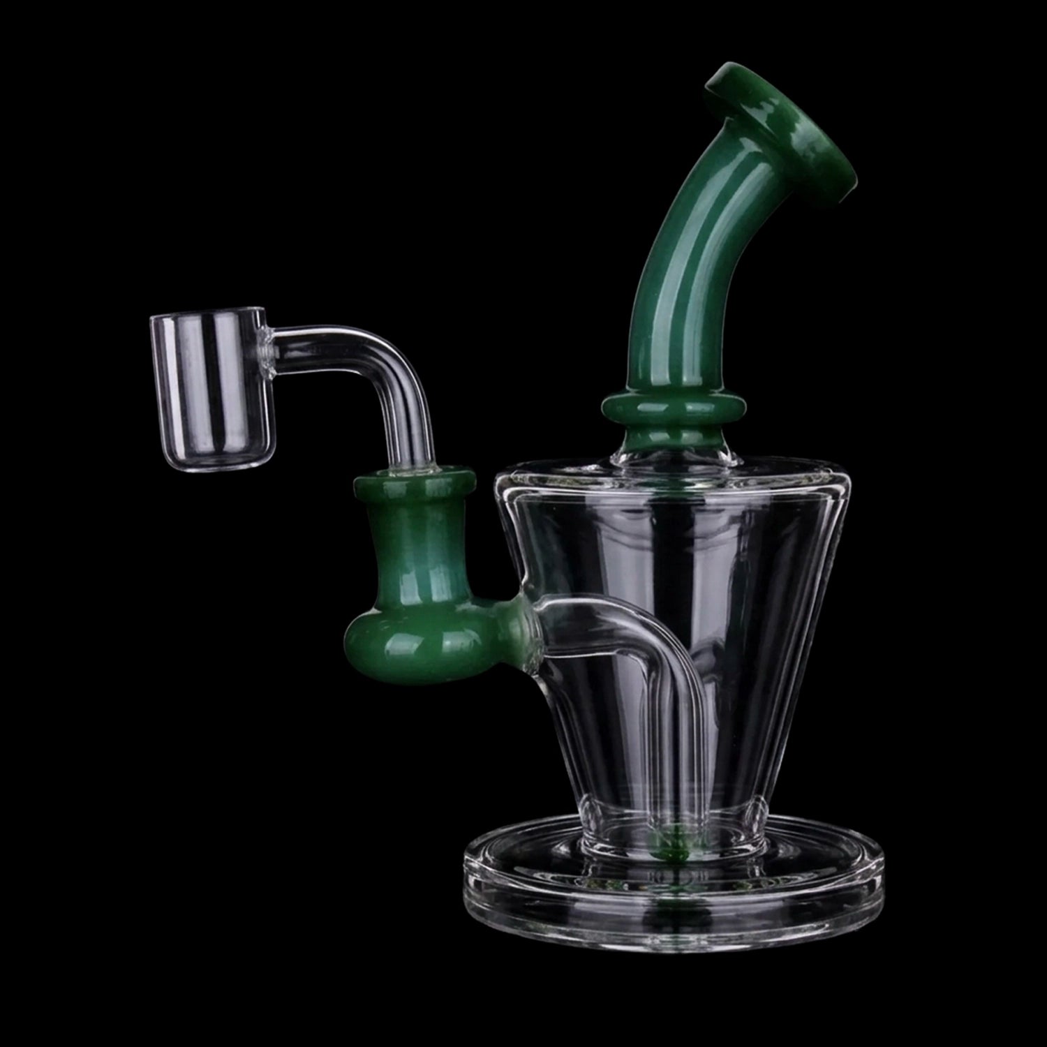 Close-up angled view of the Smoke Cartel Bent Neck Diffused Dab Rig - 6 in. showing its clear glass body and glossy green bent neck and joint against a black background