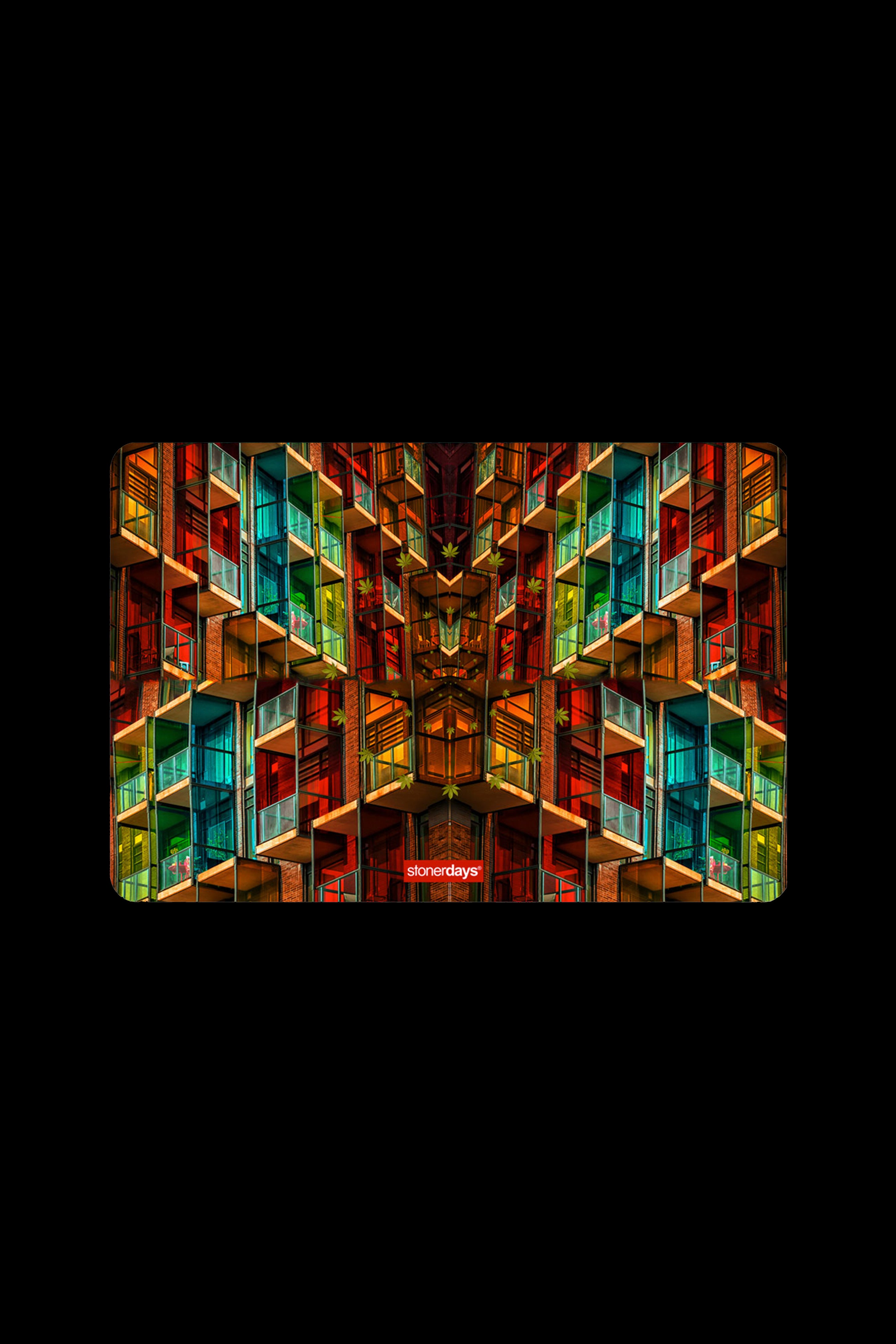 Psychedelic, mirrored building facade with "stonerdays" branding, evoking a distorted, colorful, and immersive experience.