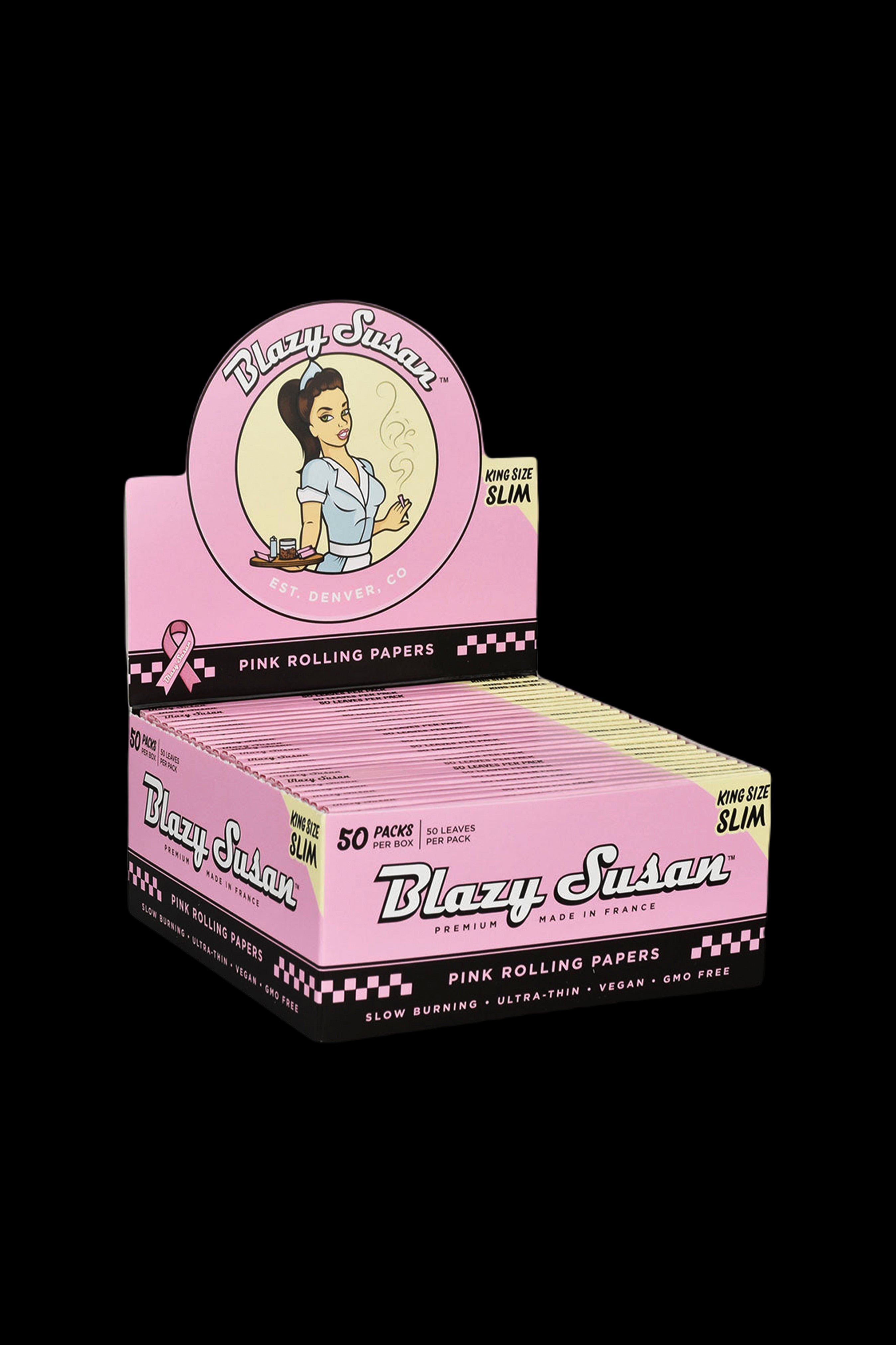 Package of “Blazy Susan” pink rolling papers with vintage pin-up girl illustration.