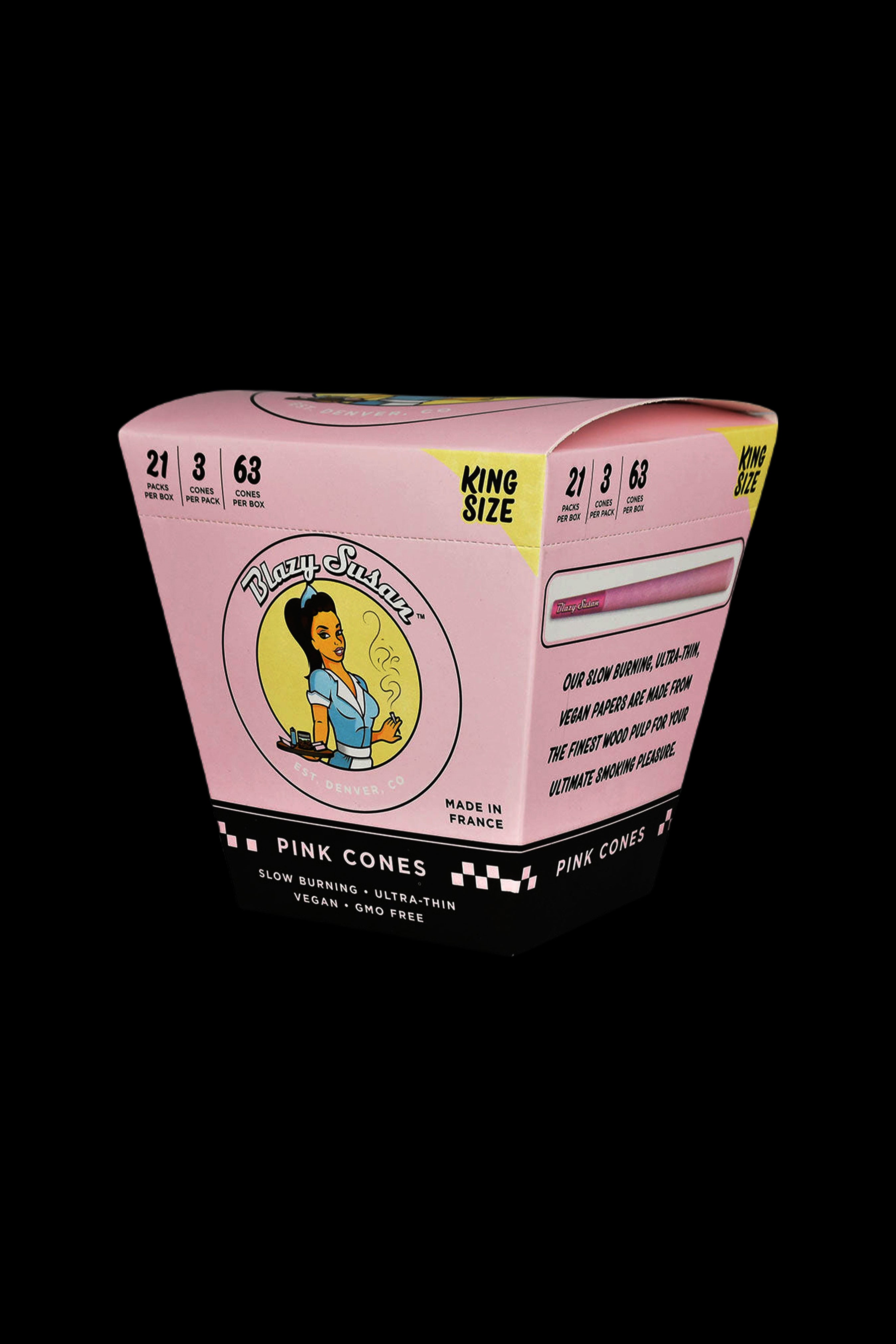 Stack of pink “Blazy Susan” pre-rolled cones in a branded box, displaying details like quantity and vegan materials."