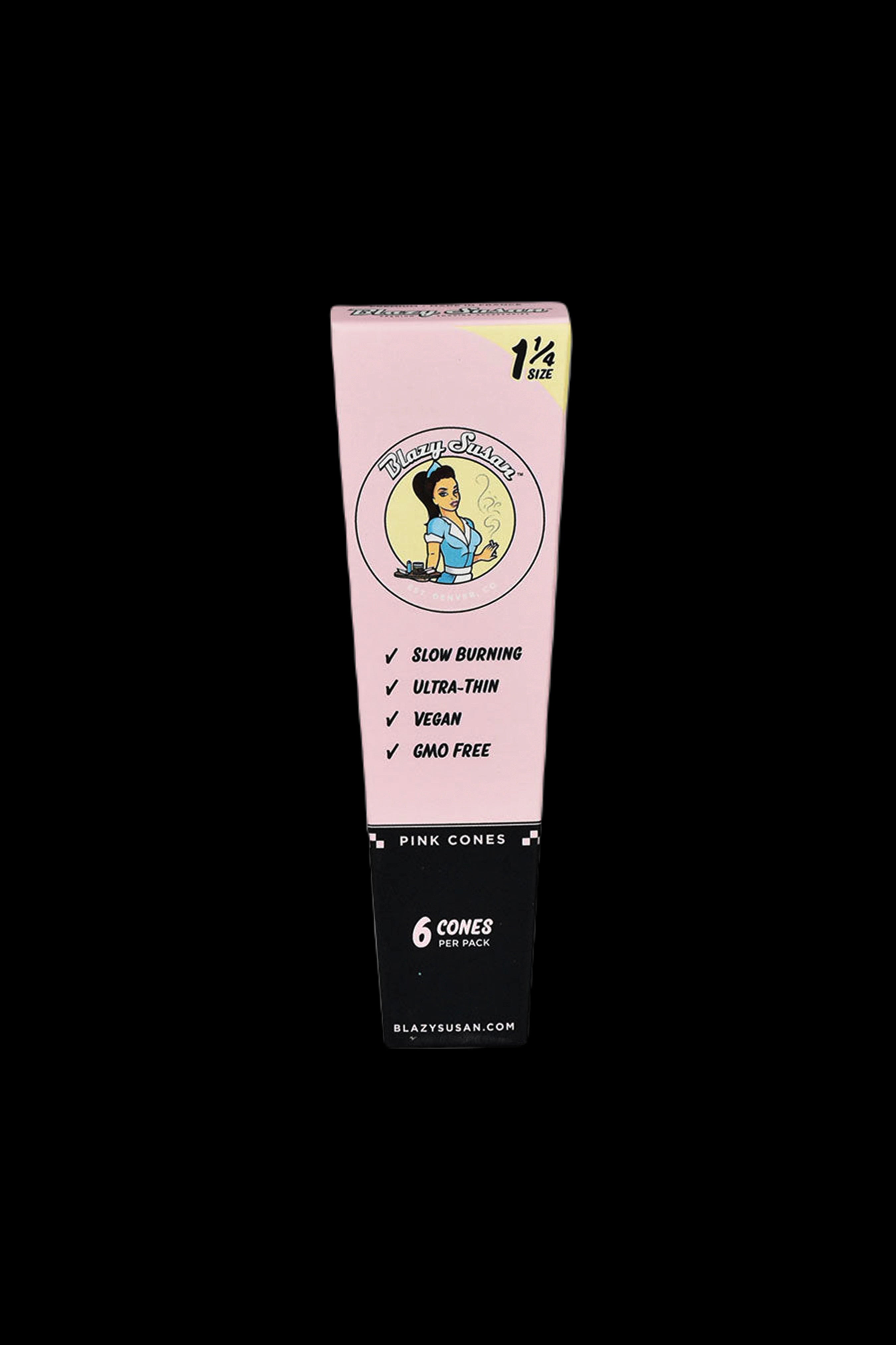 Pack of Blazy Susan pink rolling cones with features listed: slow burning, ultra-thin, vegan, and GMO free. 6 cones per pack.