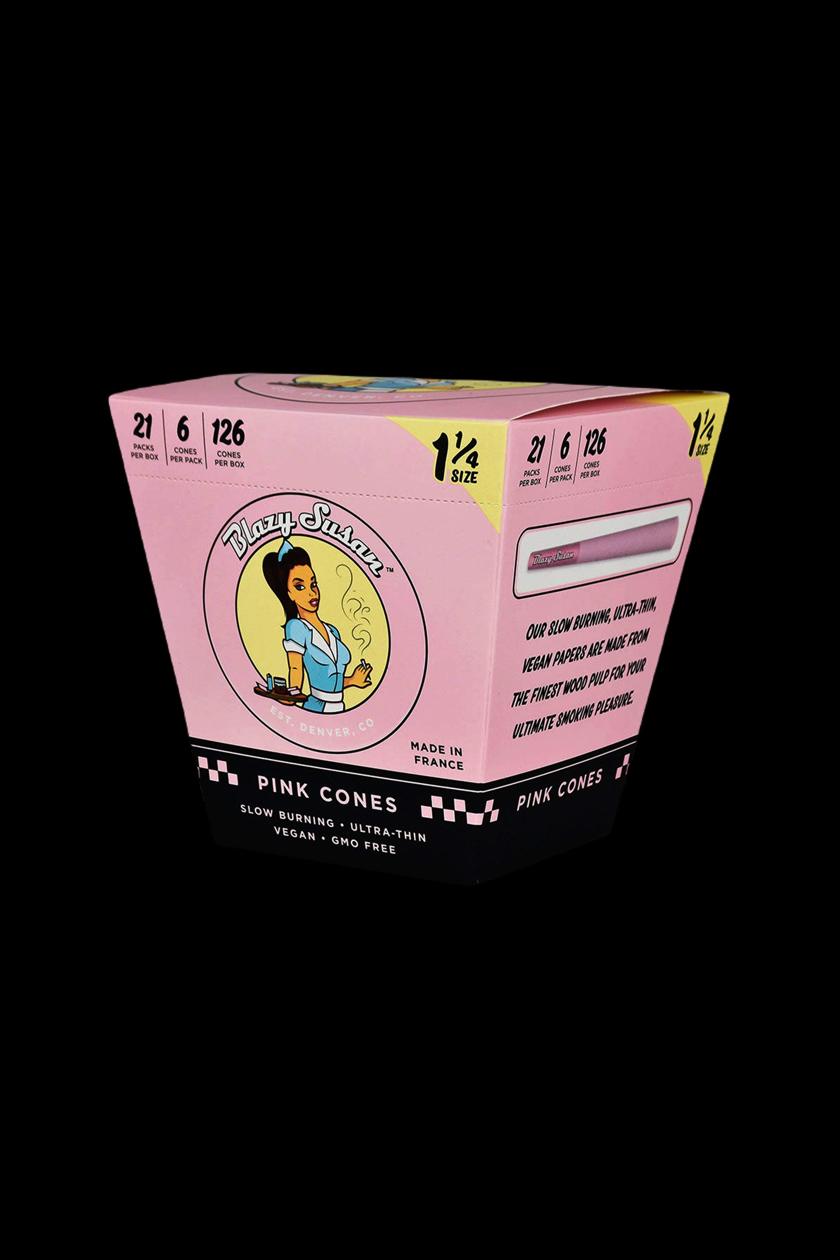Pink box of Blazy Susan pre-rolled cones with vintage-style illustration and product details.