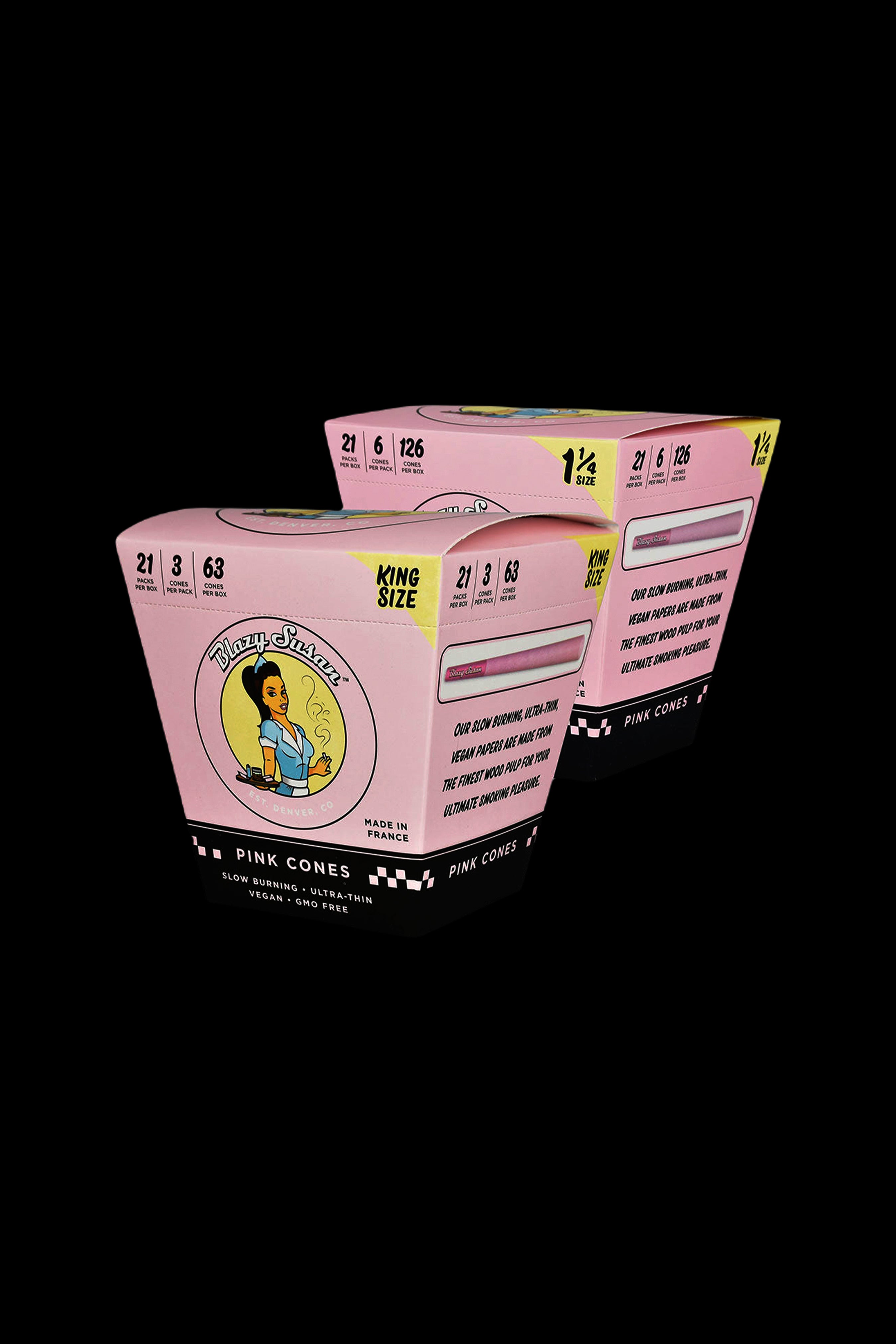 Pink cannabis cone packaging displaying information on quantity, size, and materials.