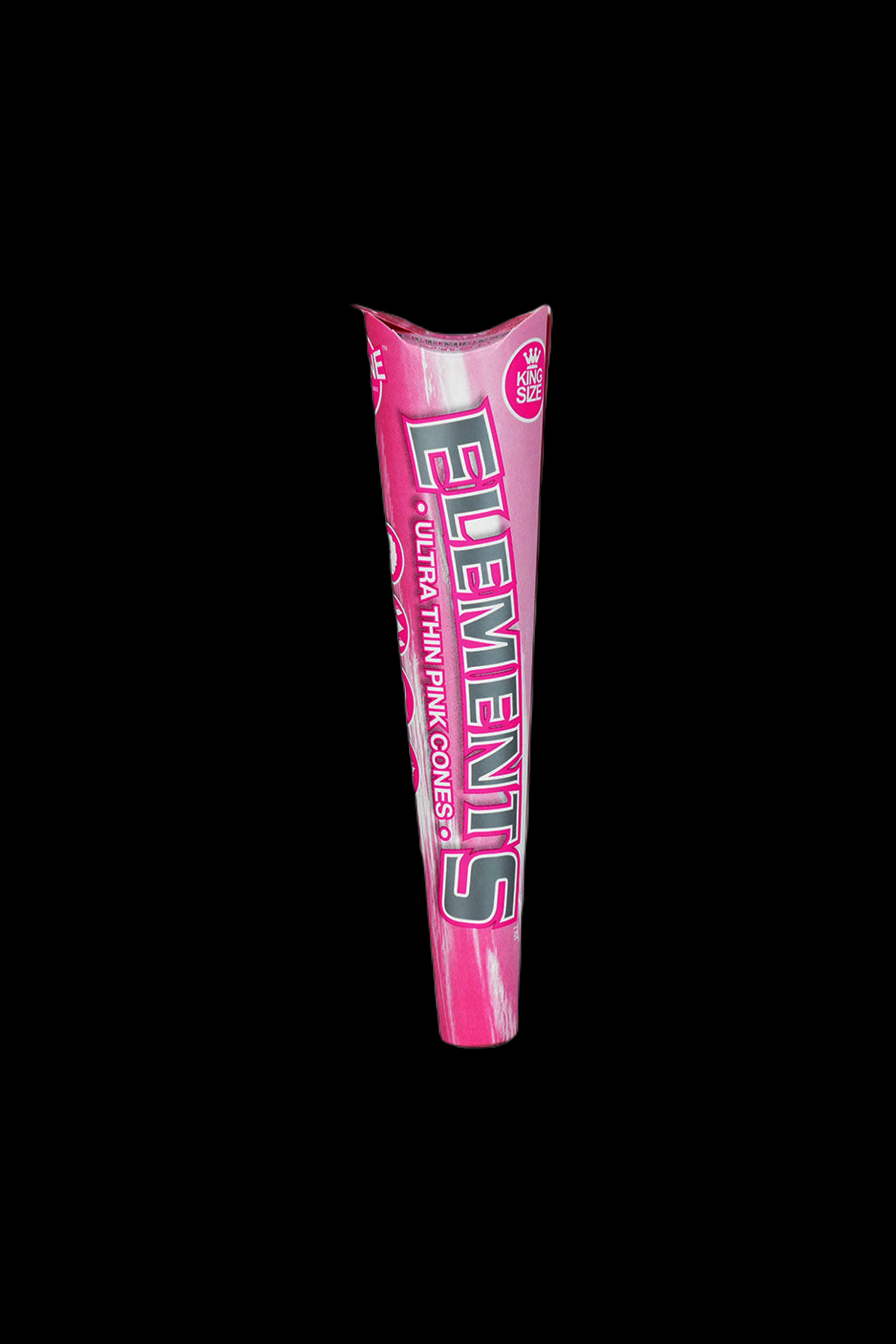 Package of pink Elements Ultra Thin King Size rolling cones against a black background.