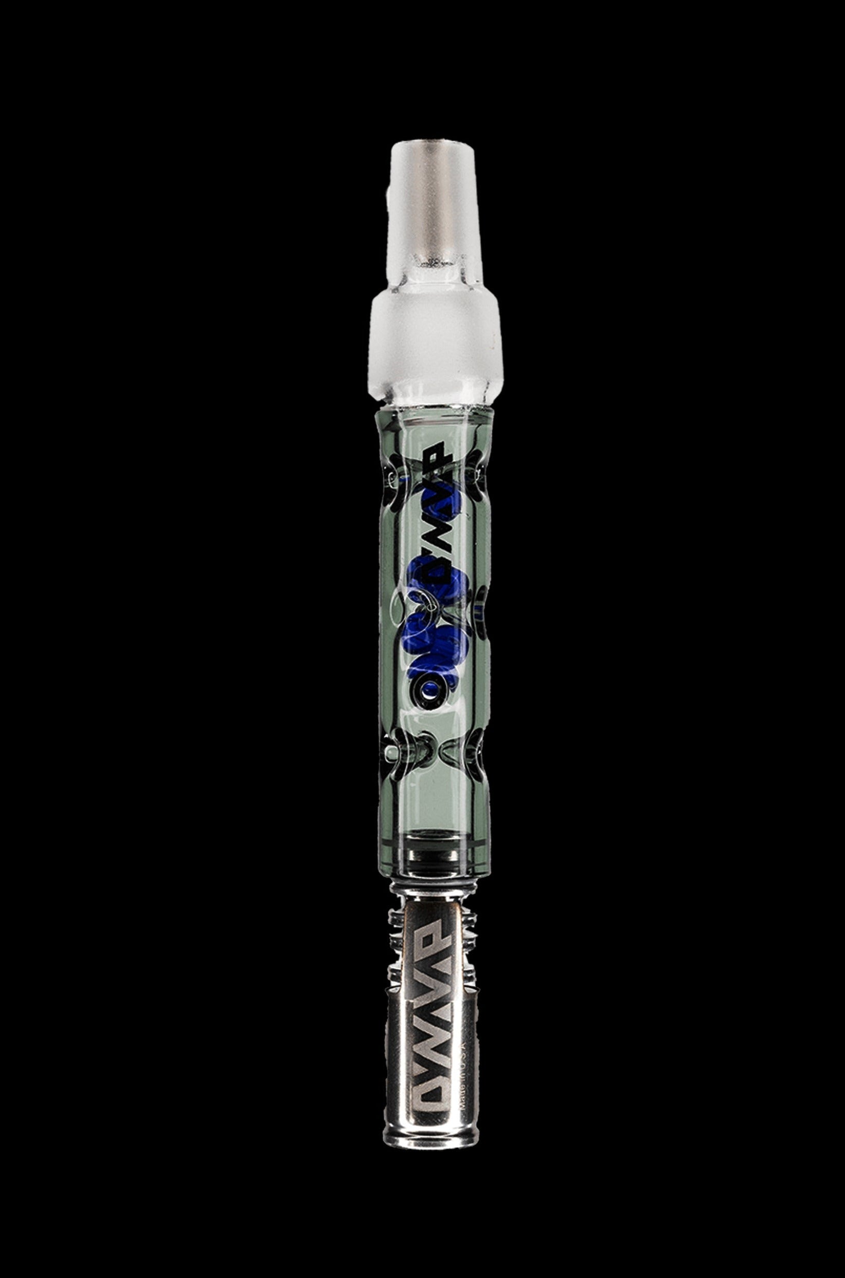 Glass oil rig tube with blue accents and intricate designs.