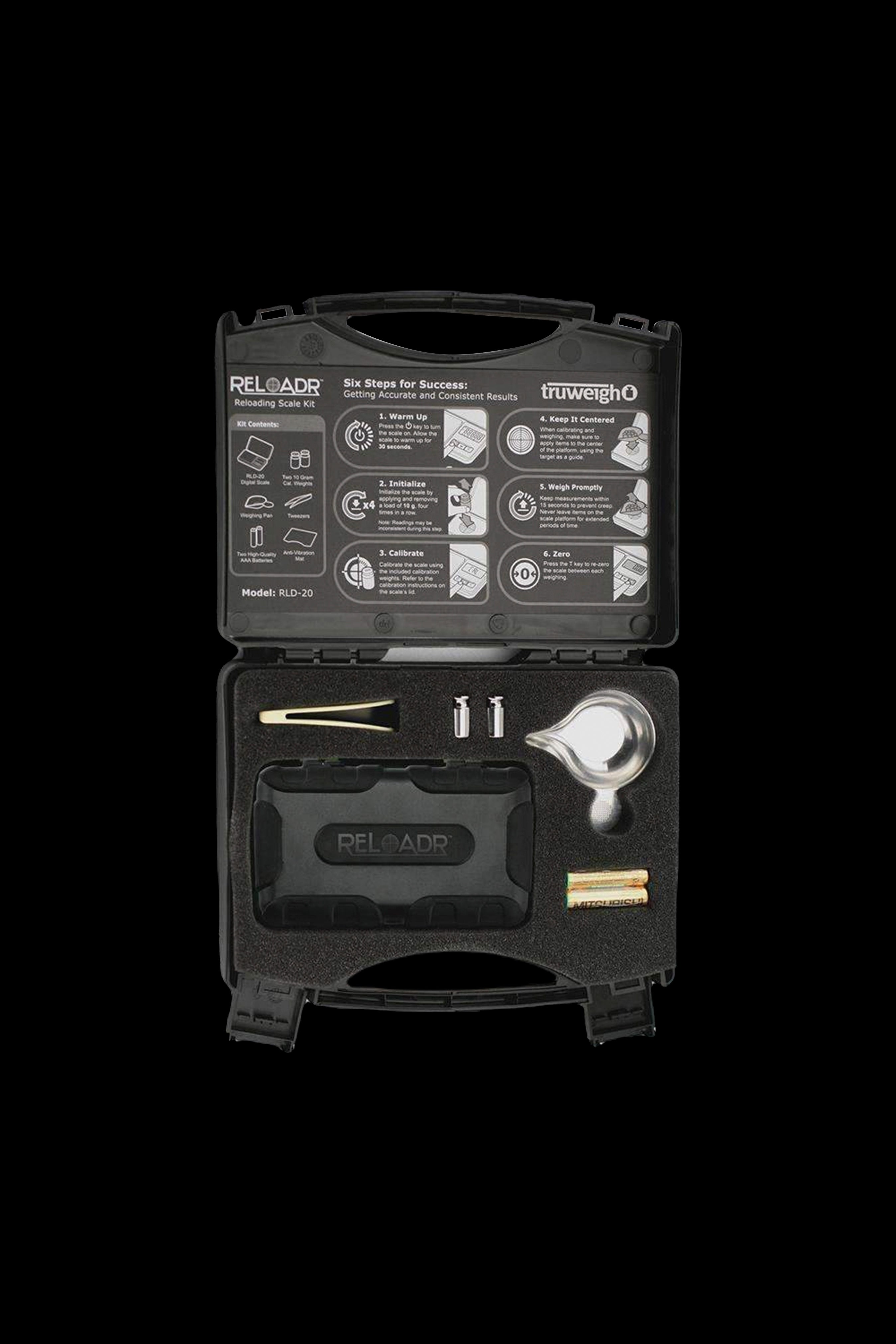 Closed black cannabis scale kit with tools, instructions, and calibration weights.