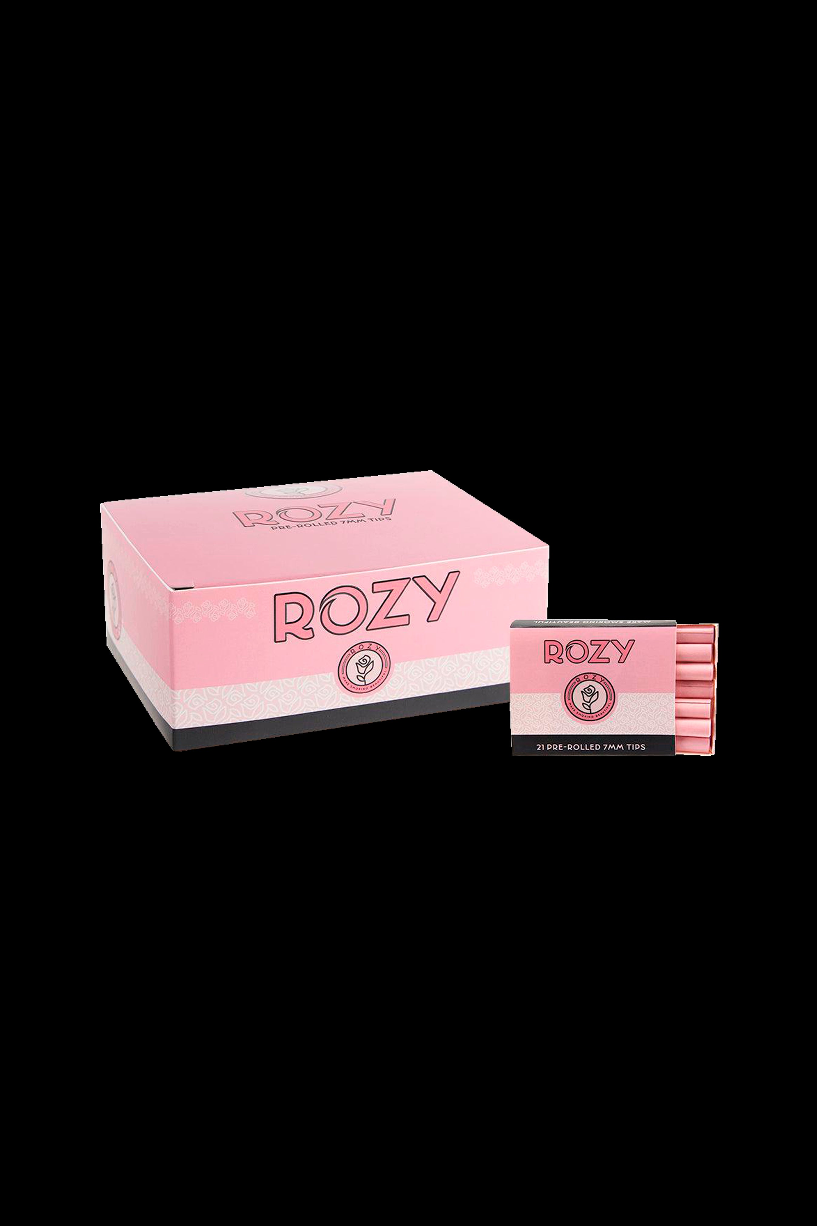 Pink and white “Rozy” branded box and package of pre-rolled cannabis tips.