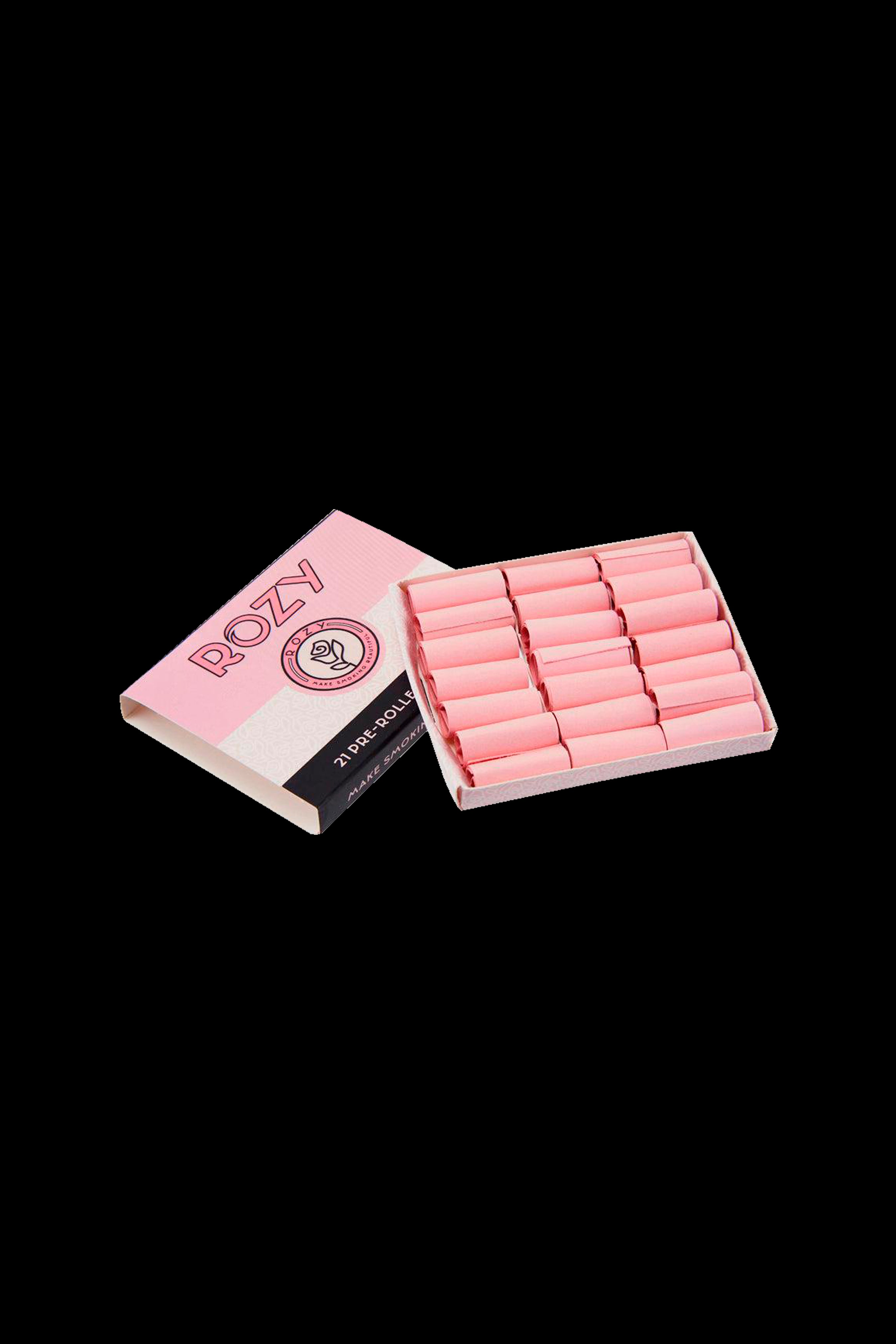 Pink box of 21 pre-rolled cannabis cigarettes open on a white background.