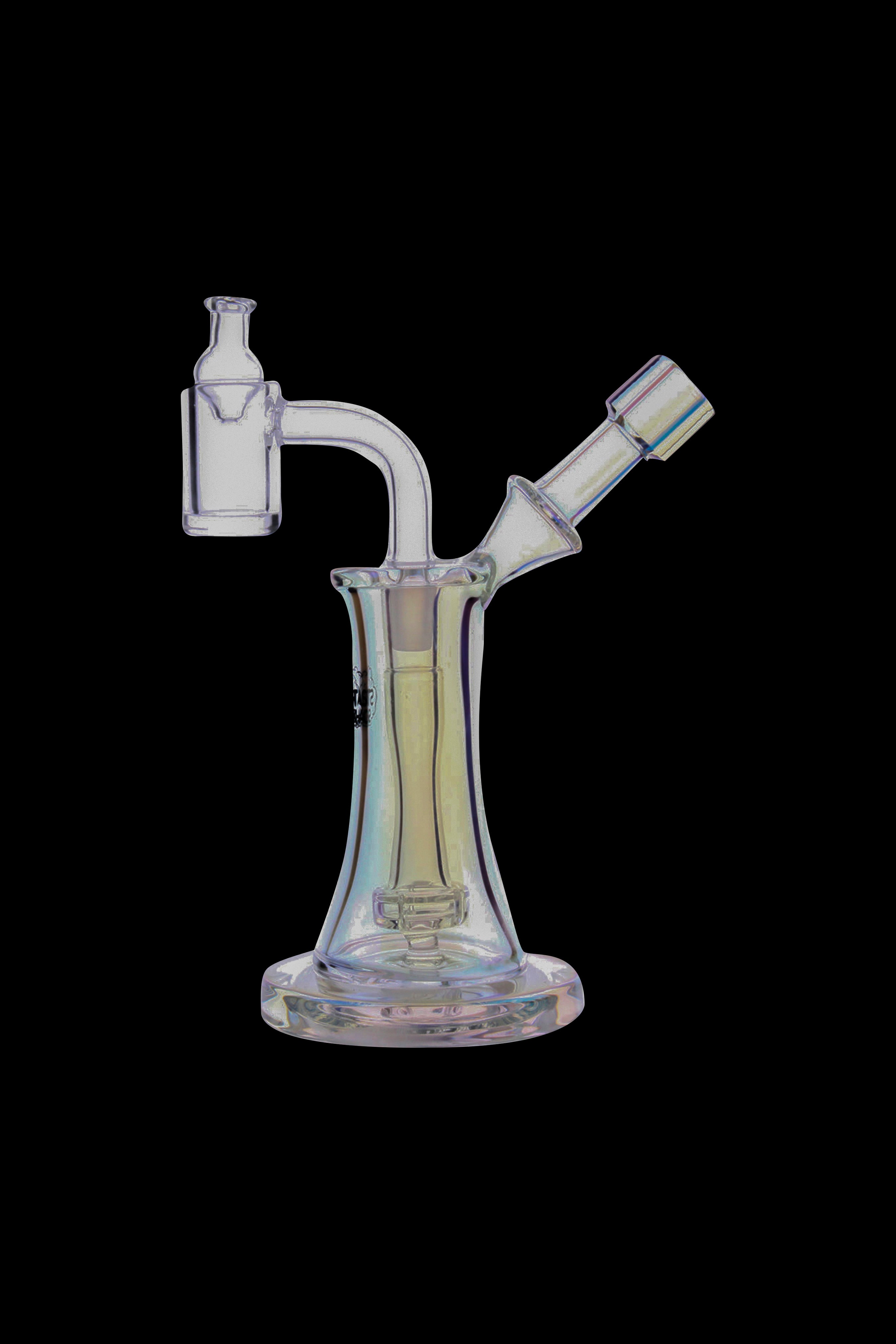 Iridescent glass dab rig with dual action functionality.