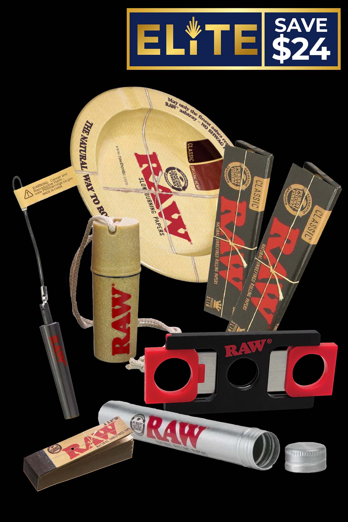 A promotional display of RAW cannabis smoking accessories, including rolling papers, cones, tips, and a metal storage container, against a black background with a "SAVE $24" banner.