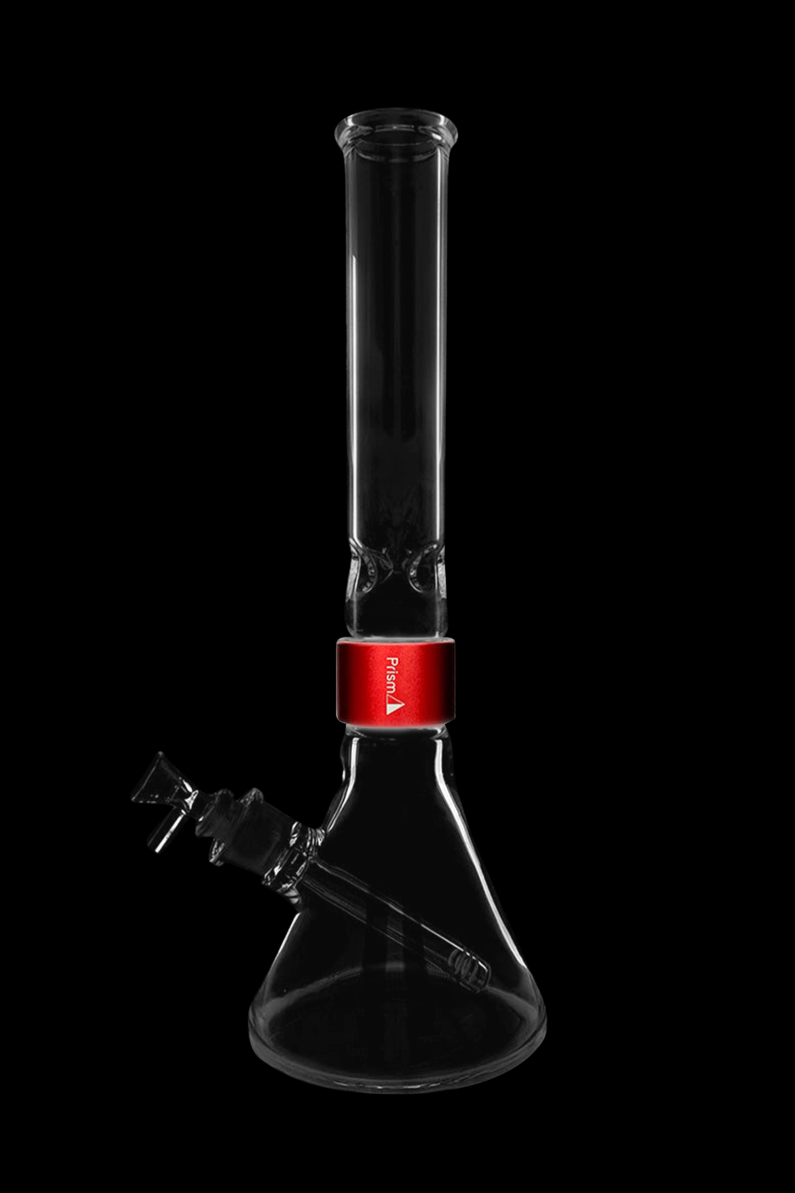 Clear glass bong with a red accent and diffuser downstem, isolated on a black background.