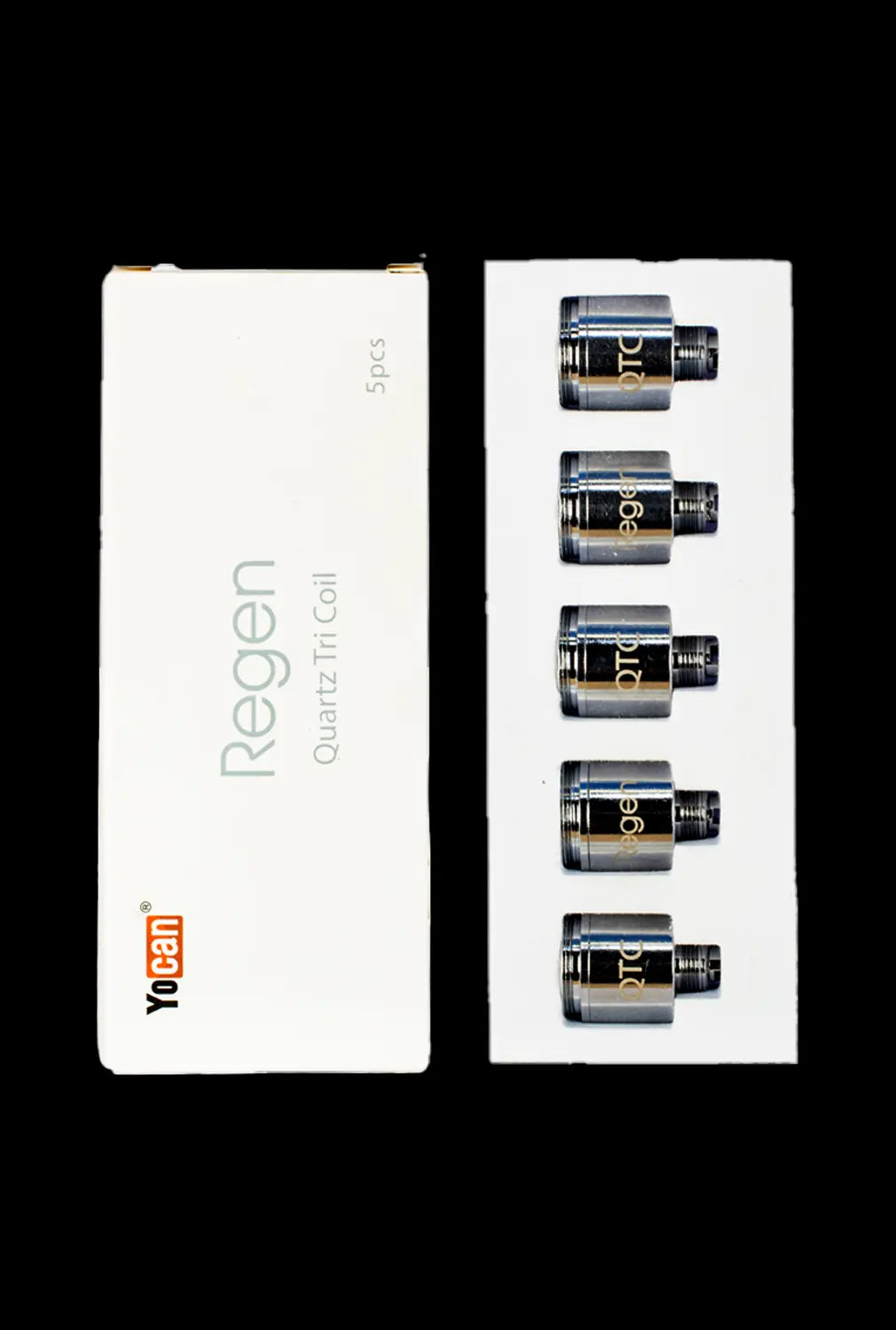 Top-down view of a white tray of five metal quartz coils alongside its box, labeled "Yocan Evolve Plus / Regen Coils," on a black background.
