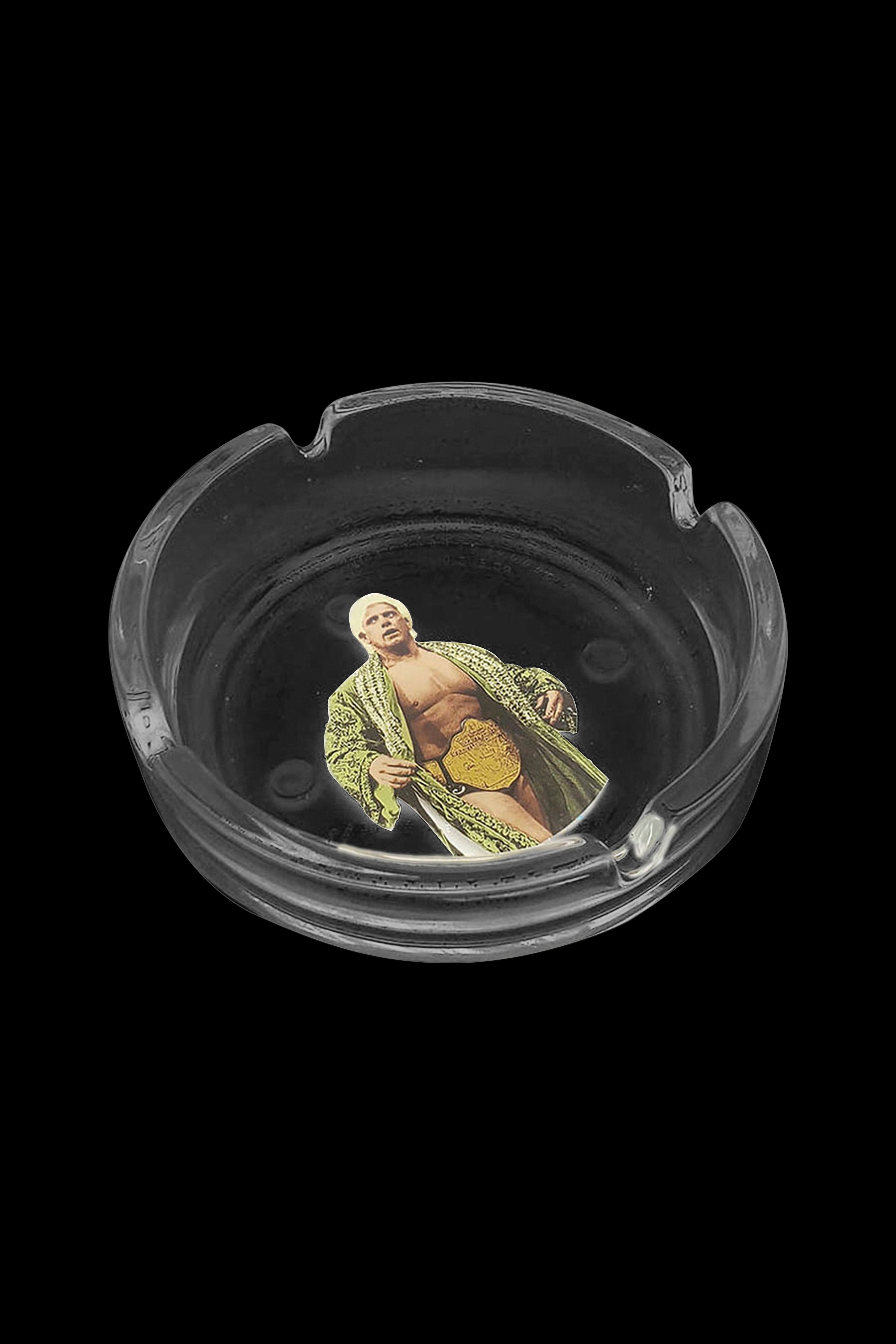 Glass ashtray featuring a printed image of Ric Flair, cannabis accessory.