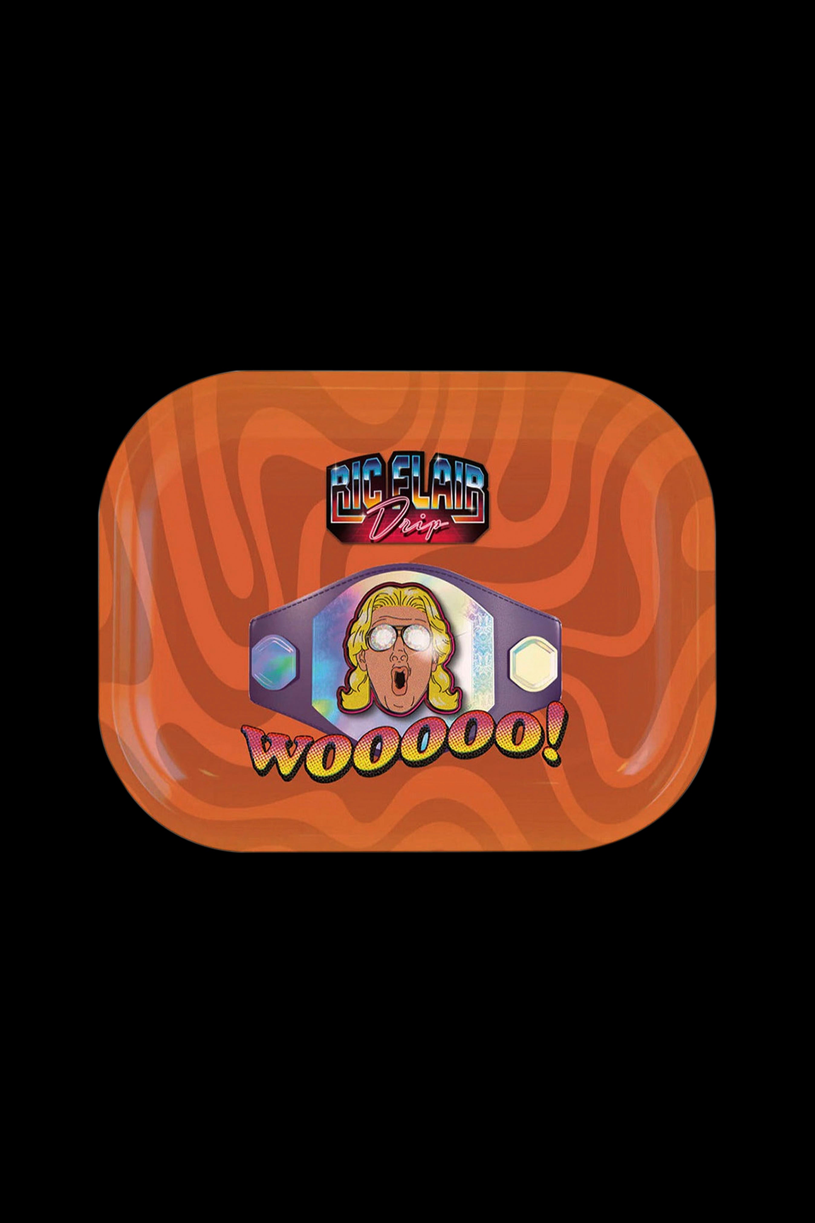 Orange rolling tray with cartoon illustration of a face and text “Big Flab Drip Wooooo!”.