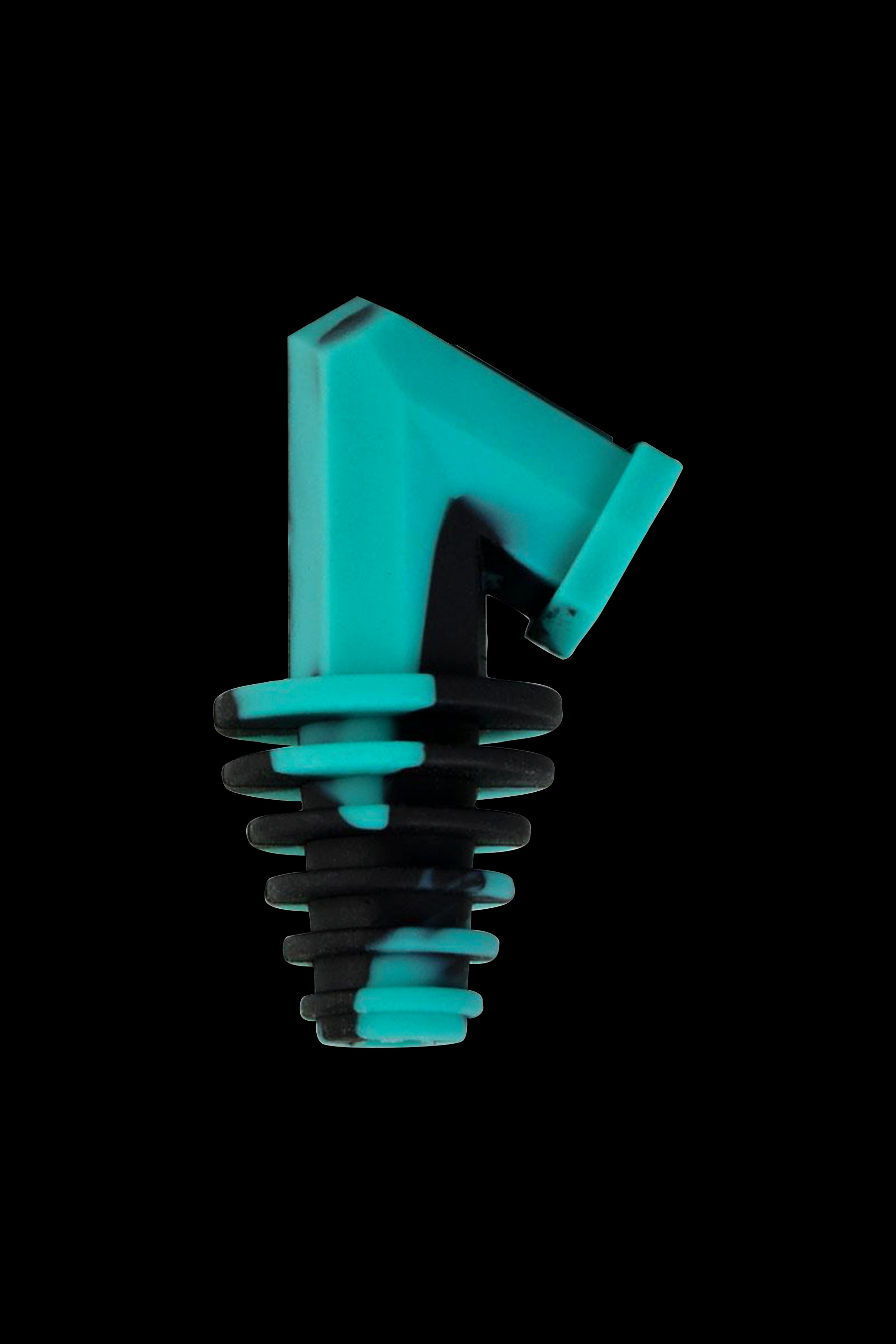 Glowing teal cannabis downstem against a black background.