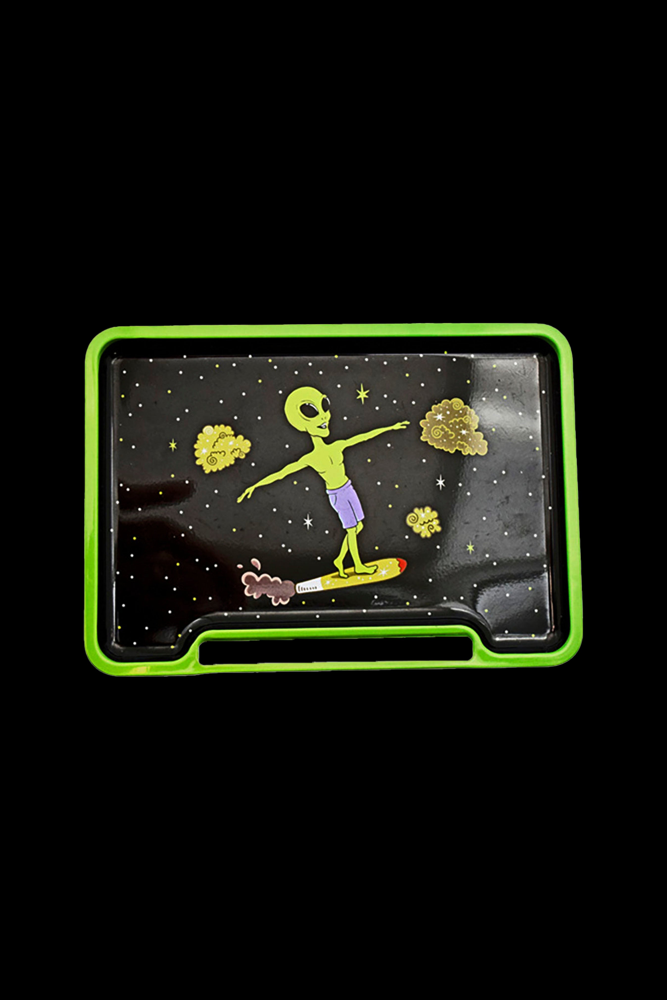 Rolling tray with a neon green border and a cosmic alien design.