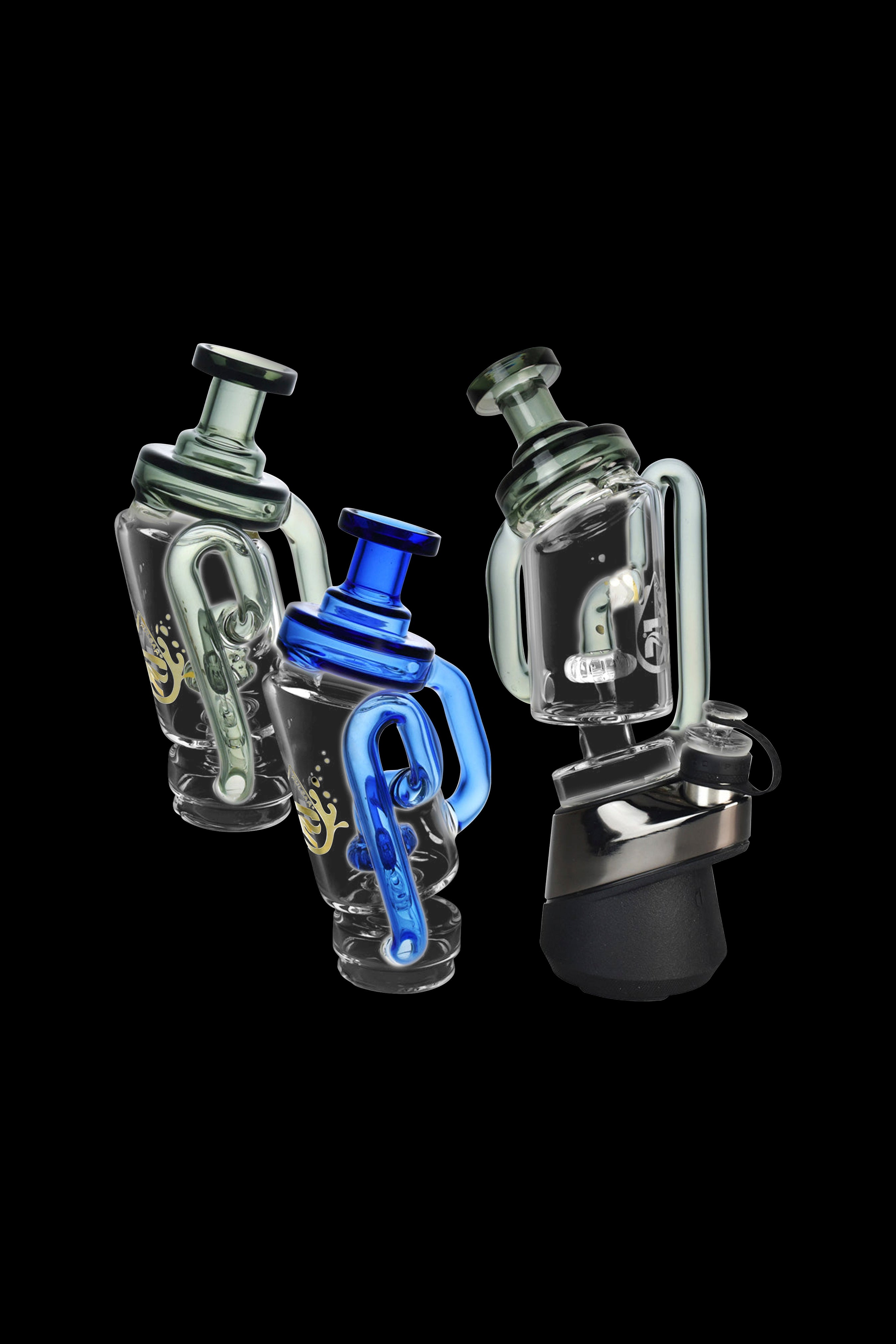 Two glass cannabis rigs with intricate designs, one featuring blue accents, against a black background.
