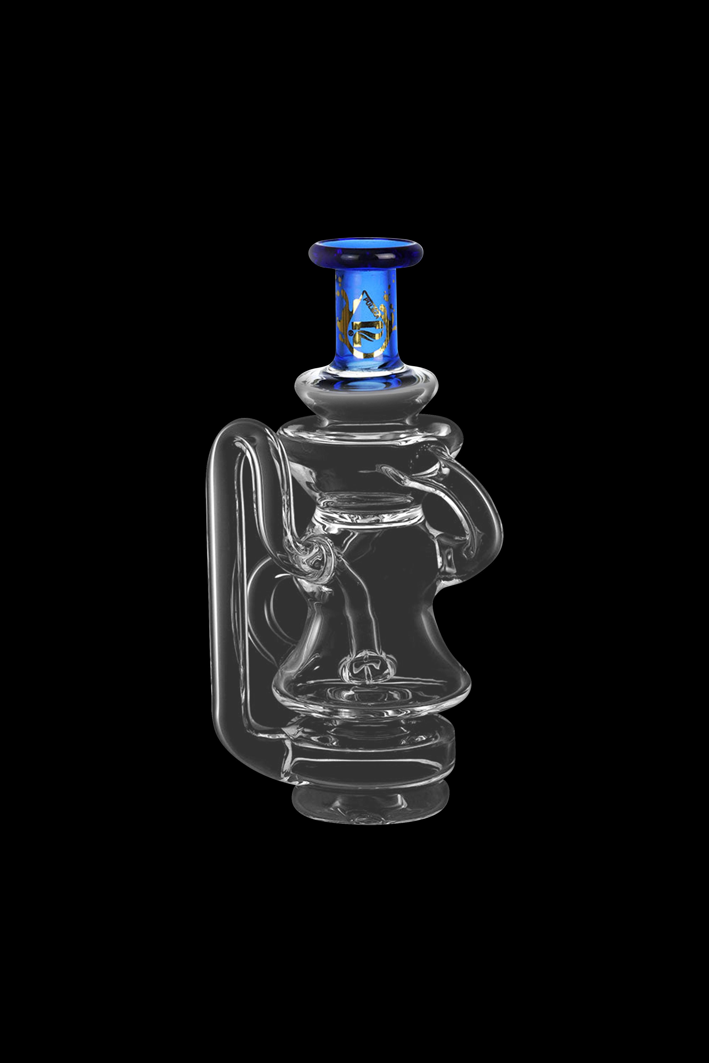 Clear glass water pipe with blue accents, studio shot on black background.