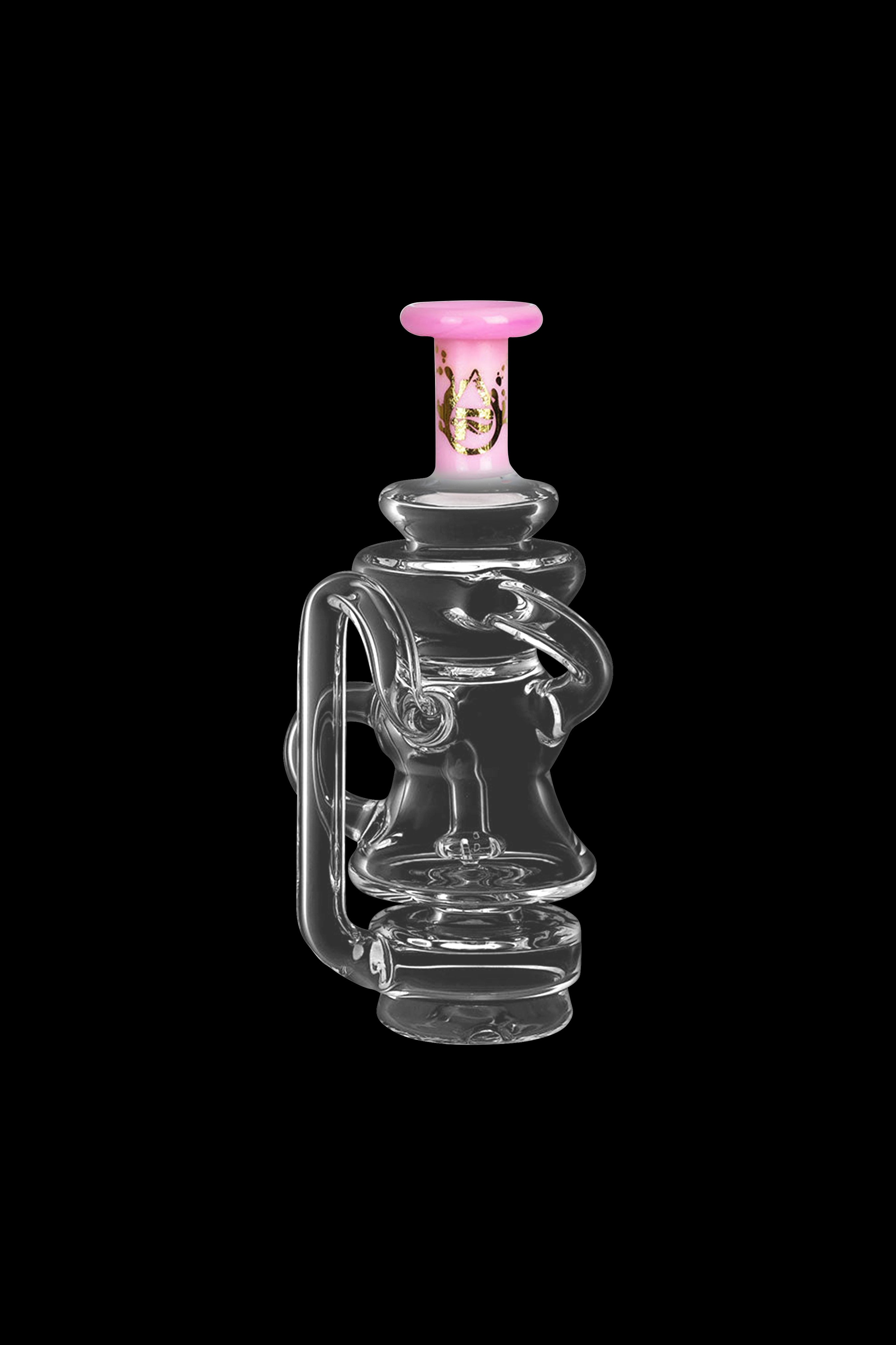 Clear glass water pipe with pink accents, studio shot on black background.