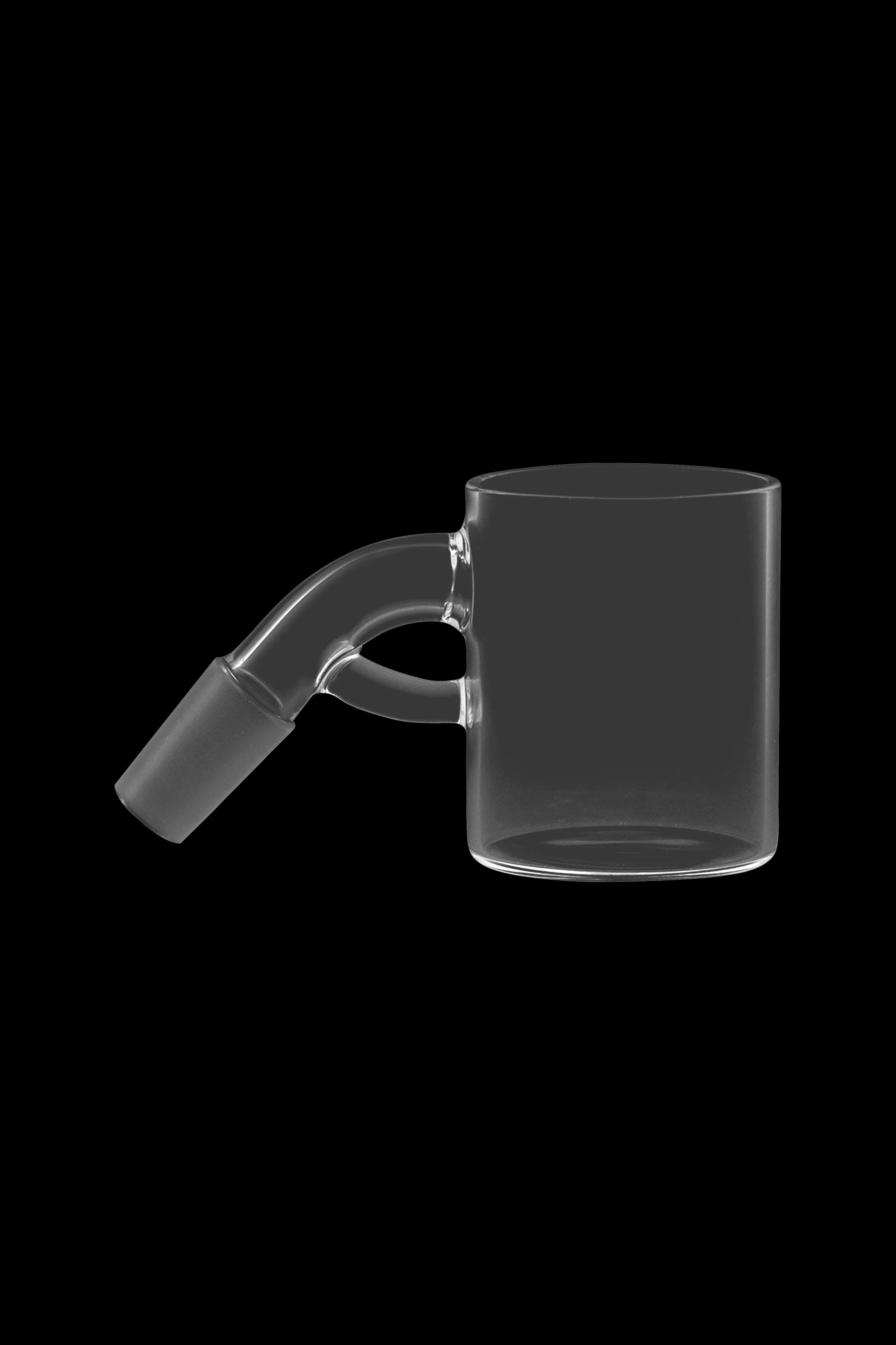Clear glass bubbler with angled mouthpiece on black background.