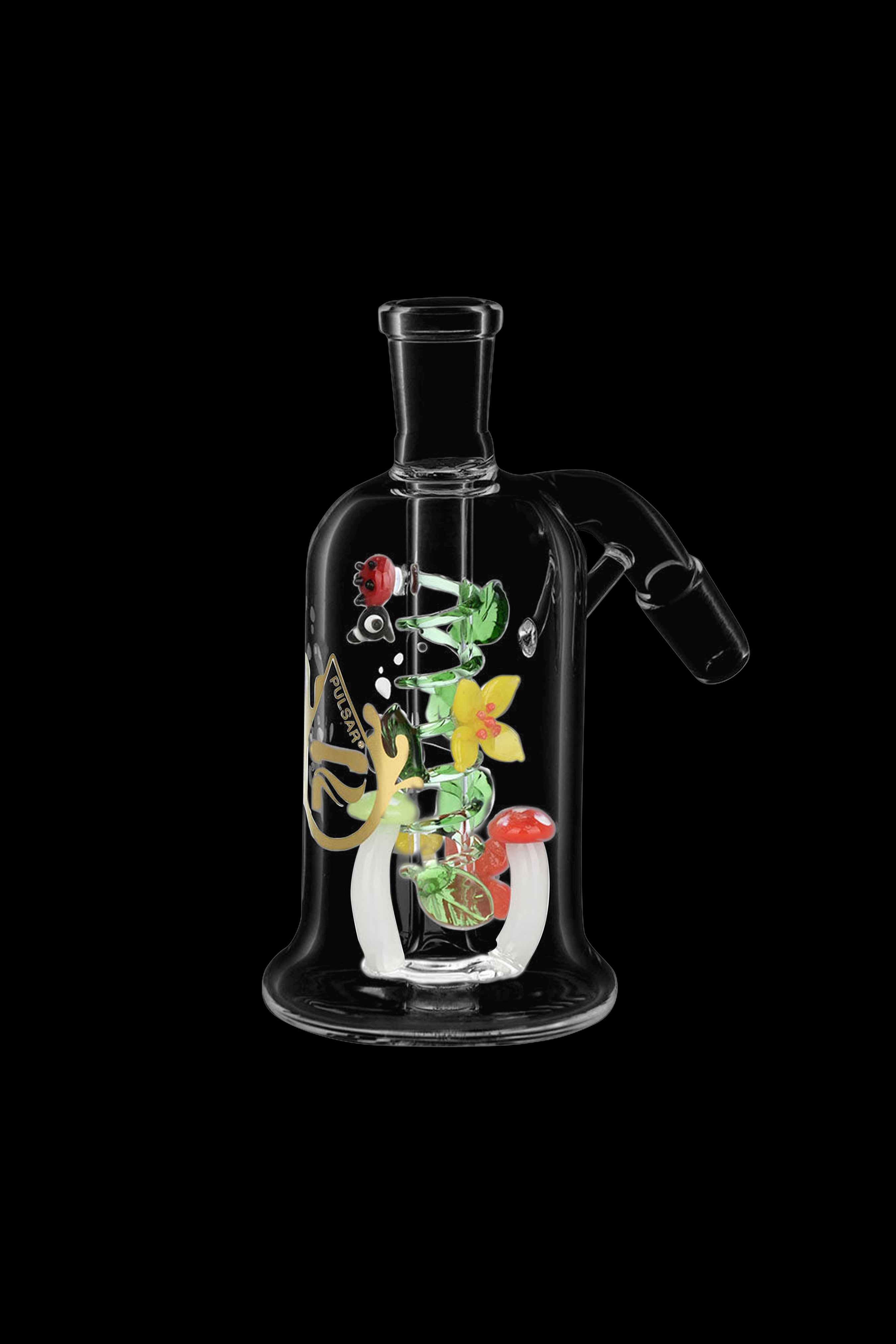Glass bubbler water pipe filled with sculpted glass mushrooms and cannabis leaves against a black background.