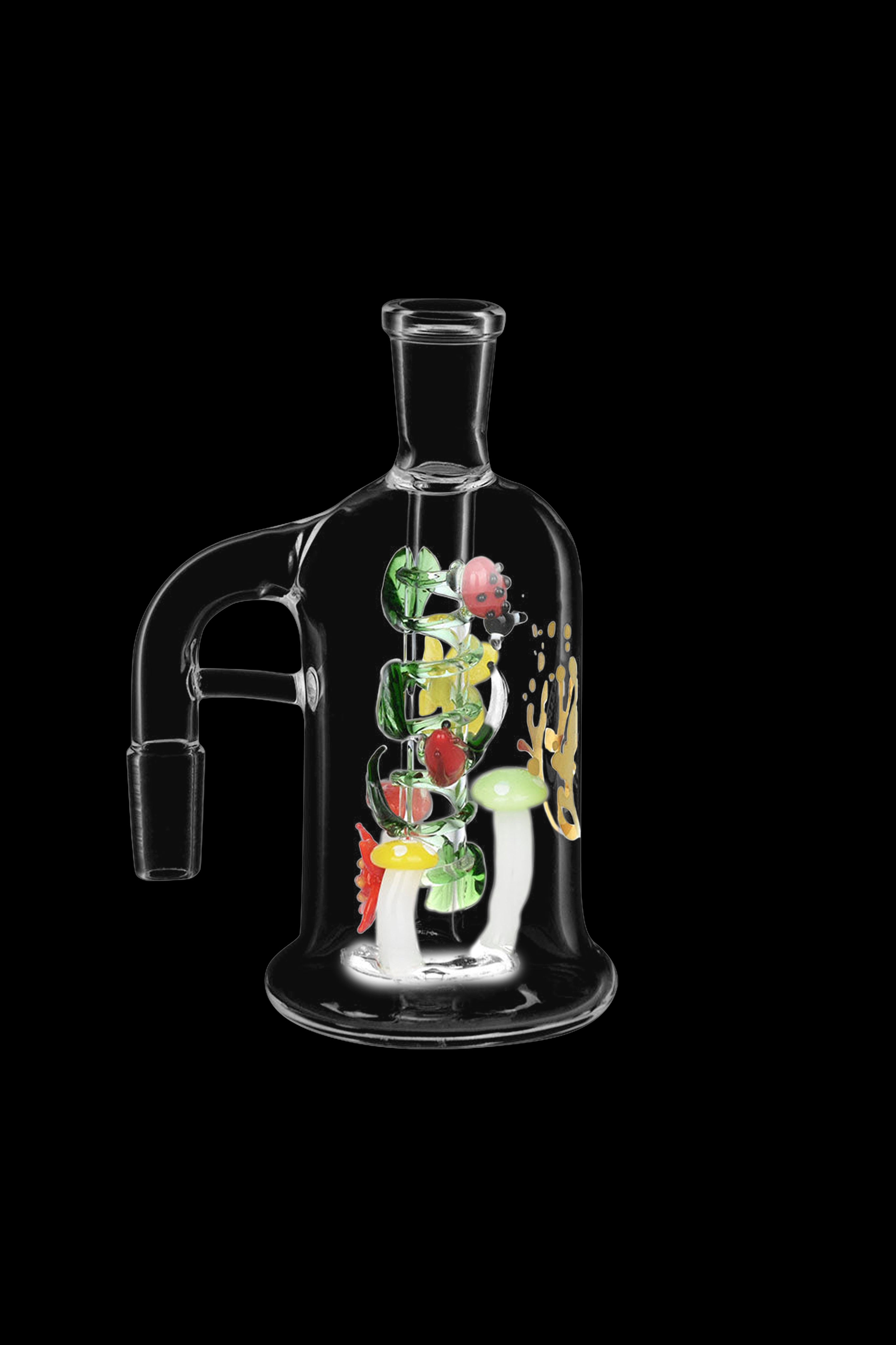 Clear glass water pipe ("bubbler") with colorful glass floral art inside, set against a black background.