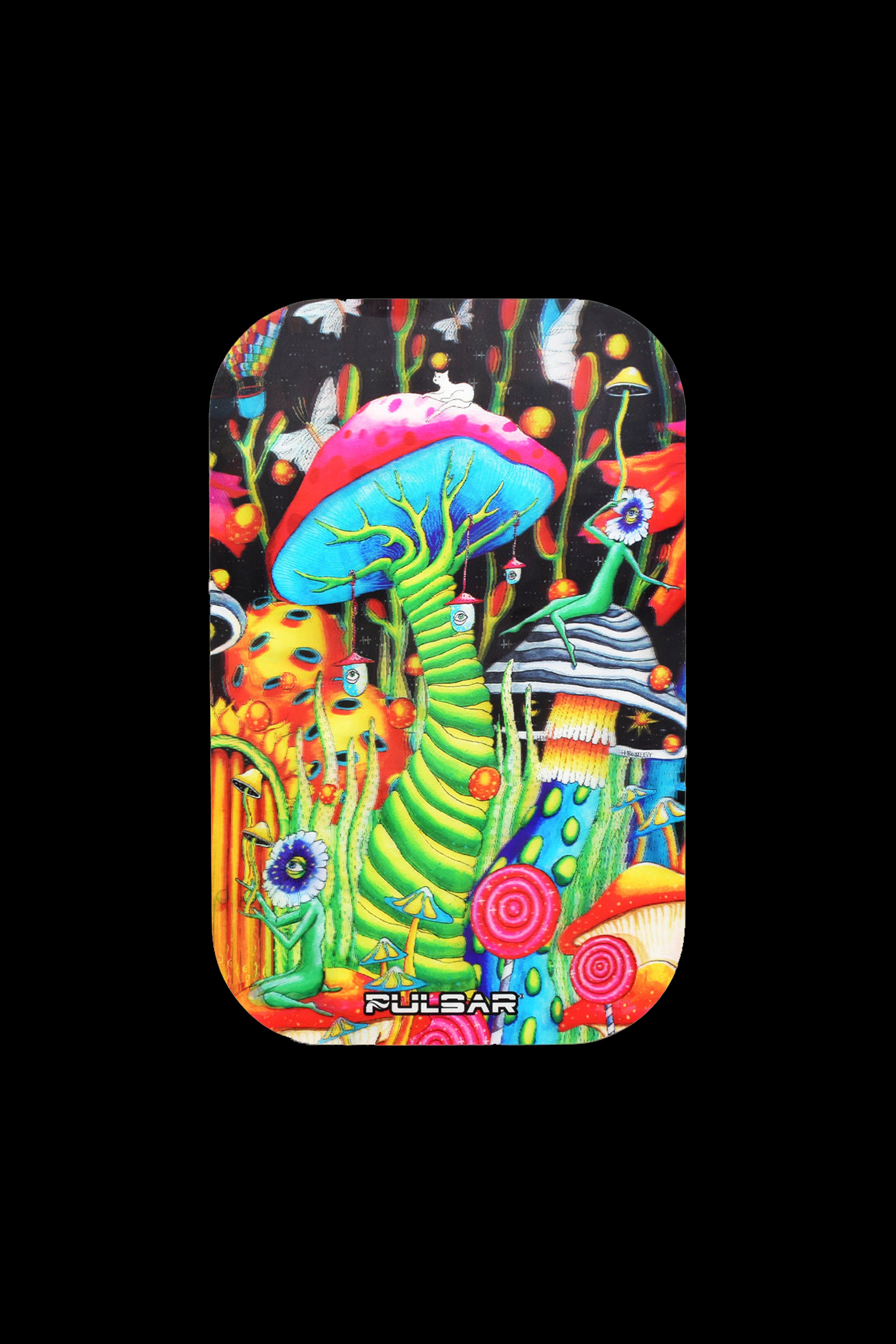 A colorful, psychedelic rolling tray featuring vibrant mushroom and floral designs with the "Pulsar" logo.