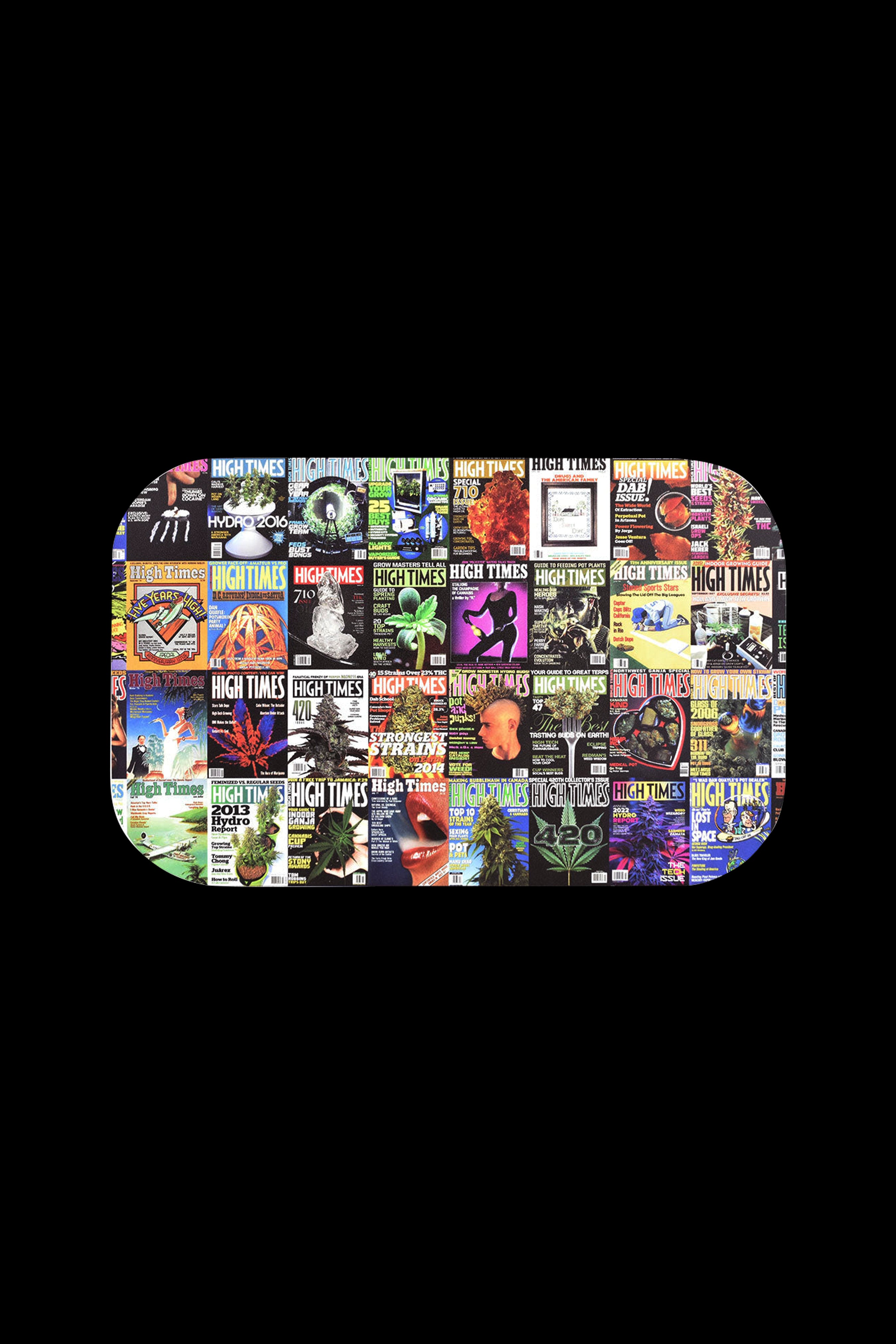 A vibrant, patterned ashtray covered in collaged covers of *High Times* magazine, showcasing various editions and cannabis-related imagery.