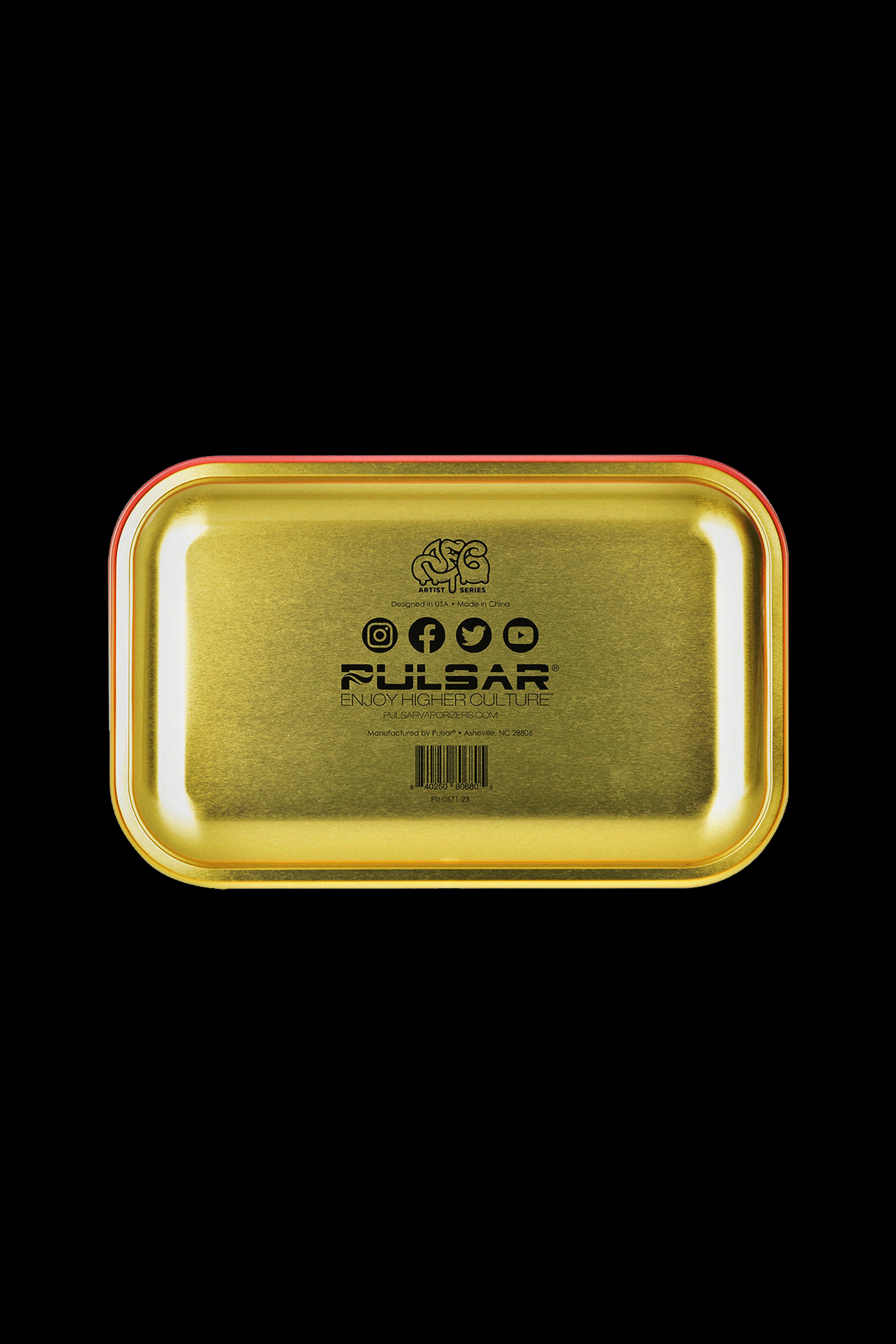 Gold cannabis storage box with Pulsar branding and colorful cartoon graphics.