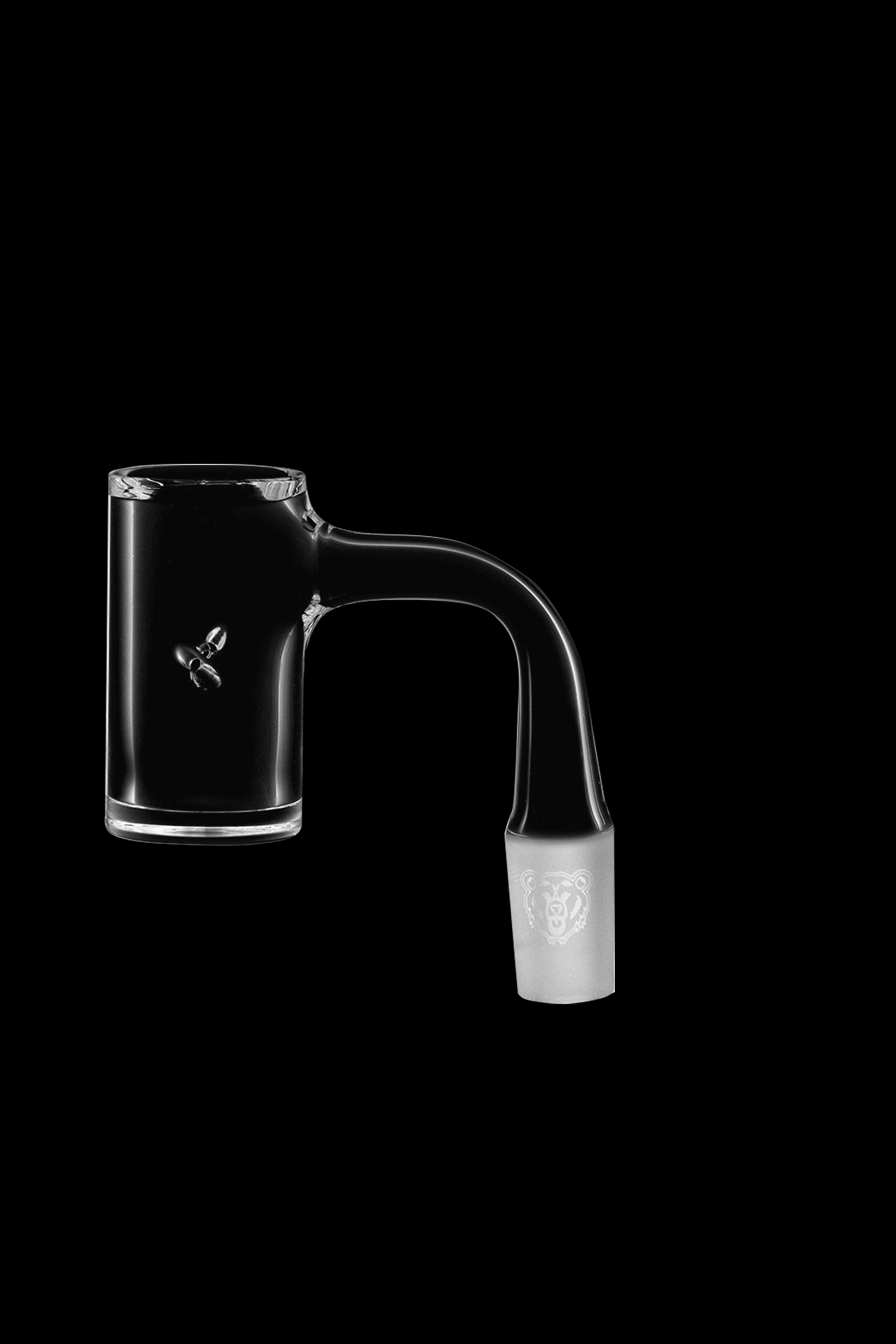 Clear glass rig with intricate curved design and frosted branding.