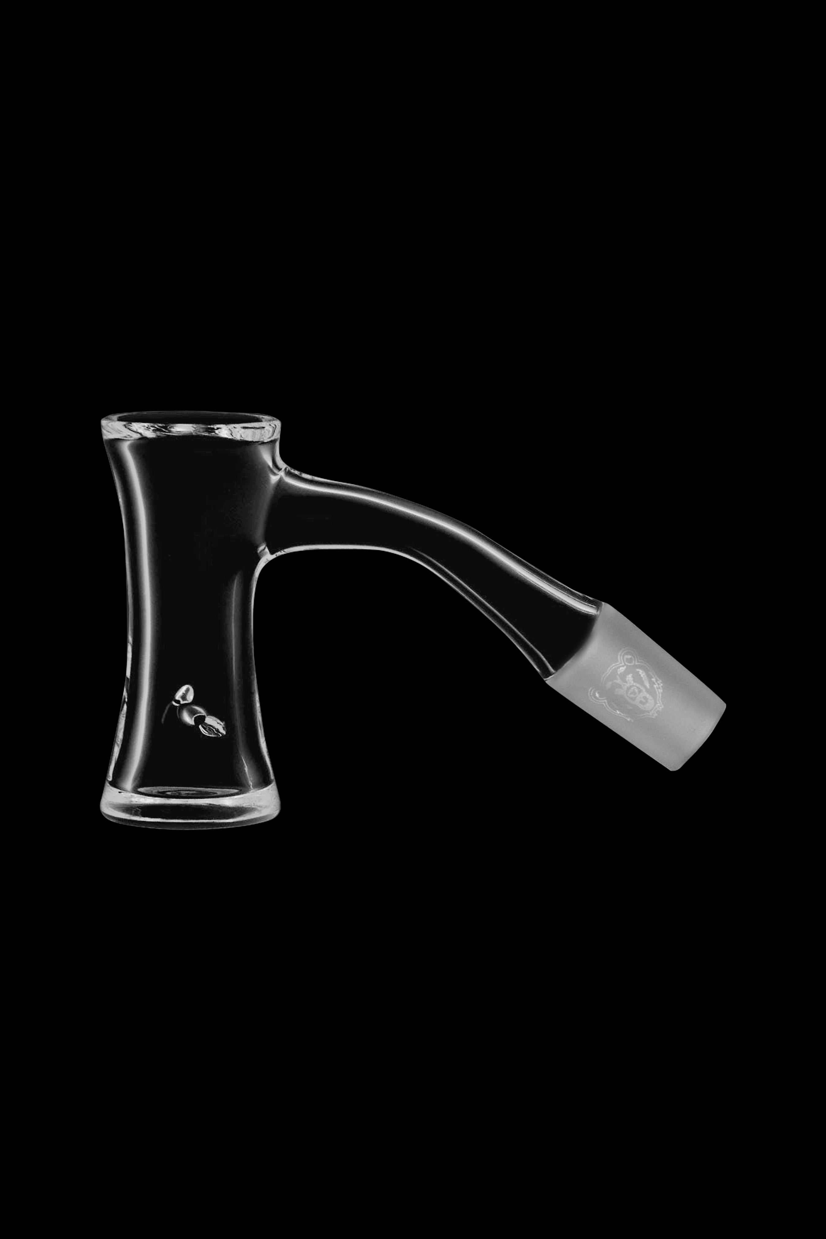 Clear glass dab rig with etched design and frosted joint.