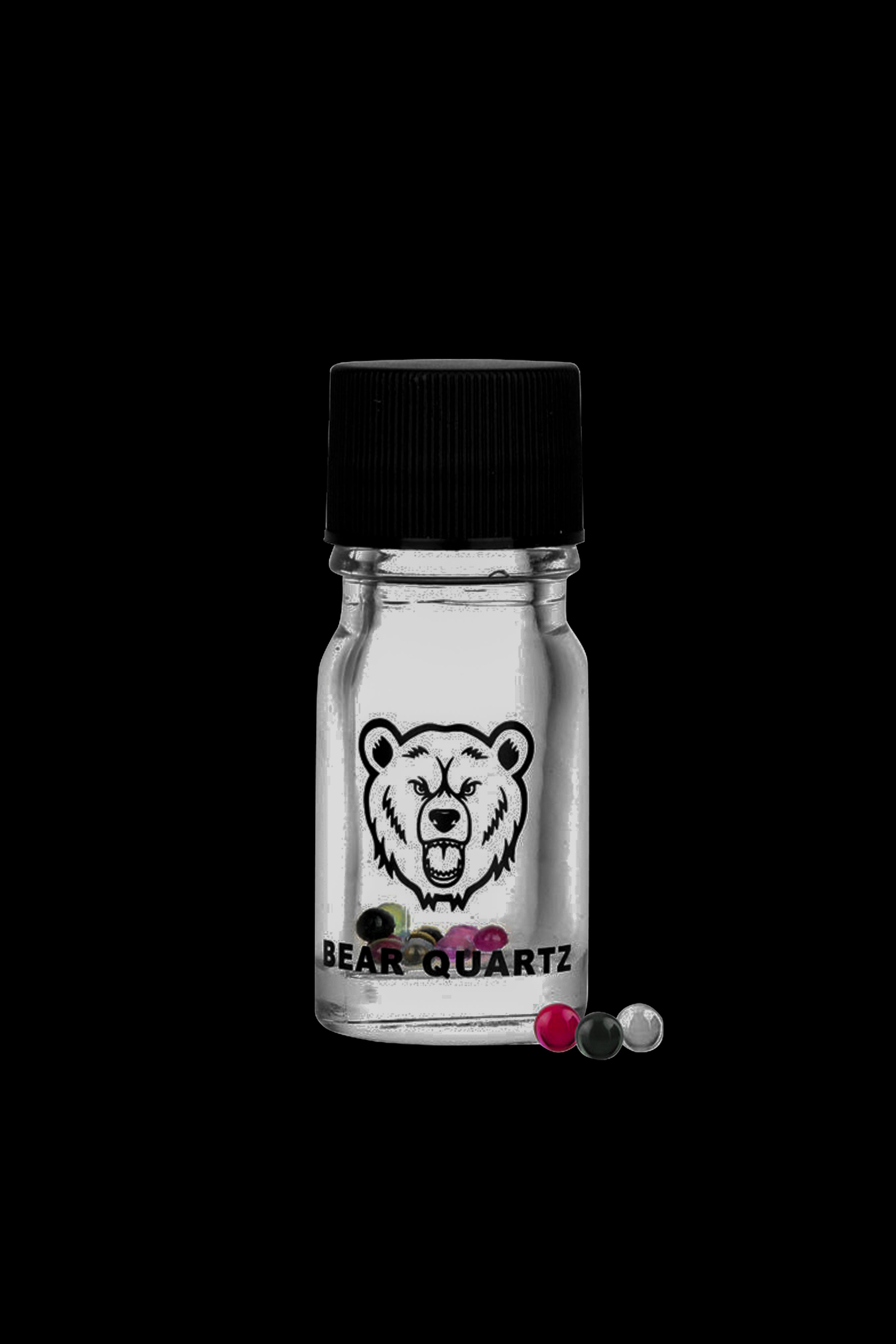 Small glass jar with a black screw-on lid, labeled "Bear Quartz" with a bear illustration, containing red cannabis rosin gems.